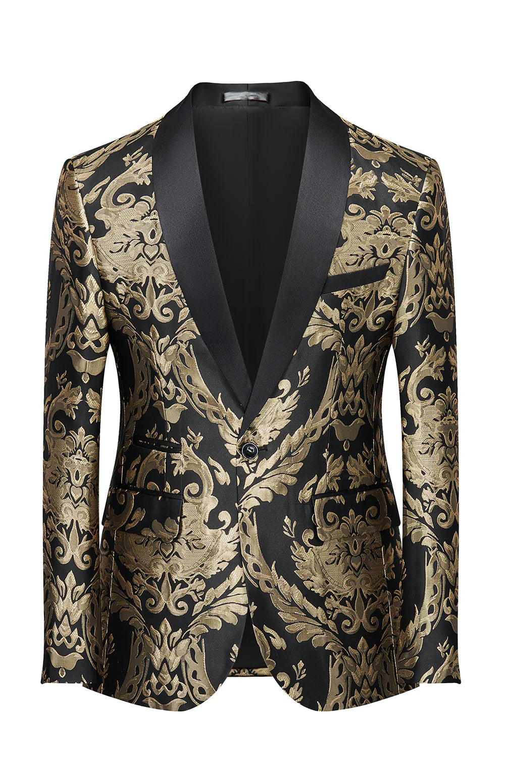 Mens Black Golden Shawl Lapel One Button Jacquard Prom Blazer