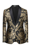 Mens Black Golden Shawl Lapel One Button Jacquard Prom Blazer