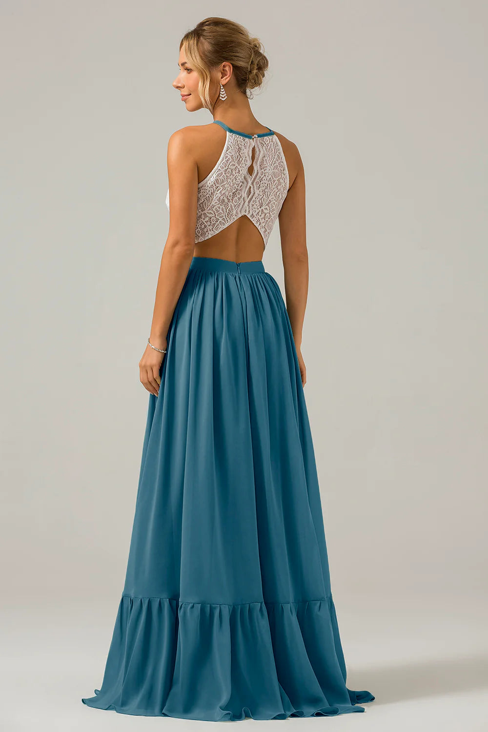 A Line Halter Pleated Keyhole Chiffon Bridesmaid Dress With Lace
