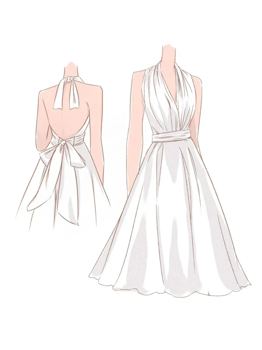 Vintage Tea Length Chiffon Wedding Dress With Halter Neck and Bow