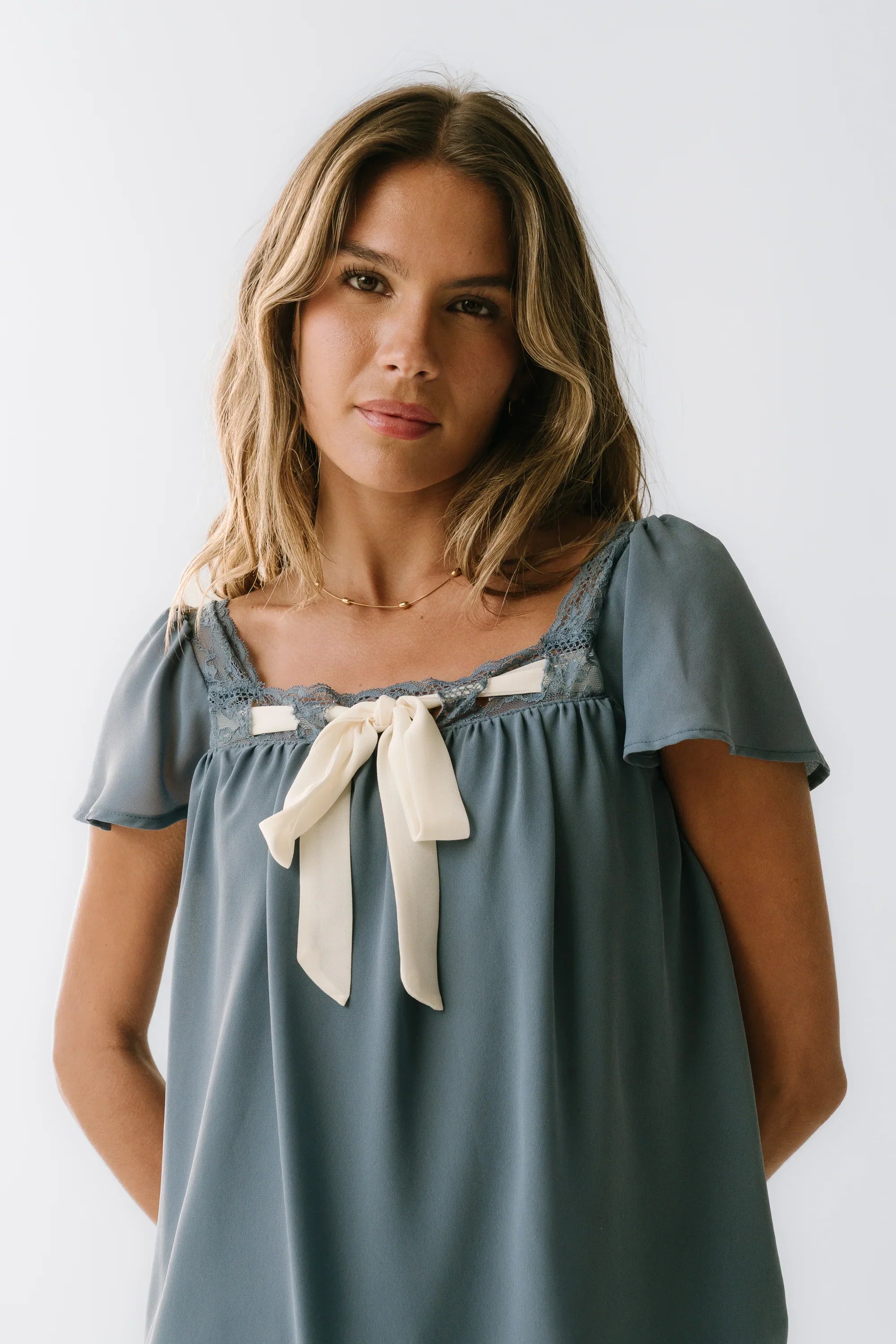 Gianna Lace Trim Blouse in Blue FINAL SALE
