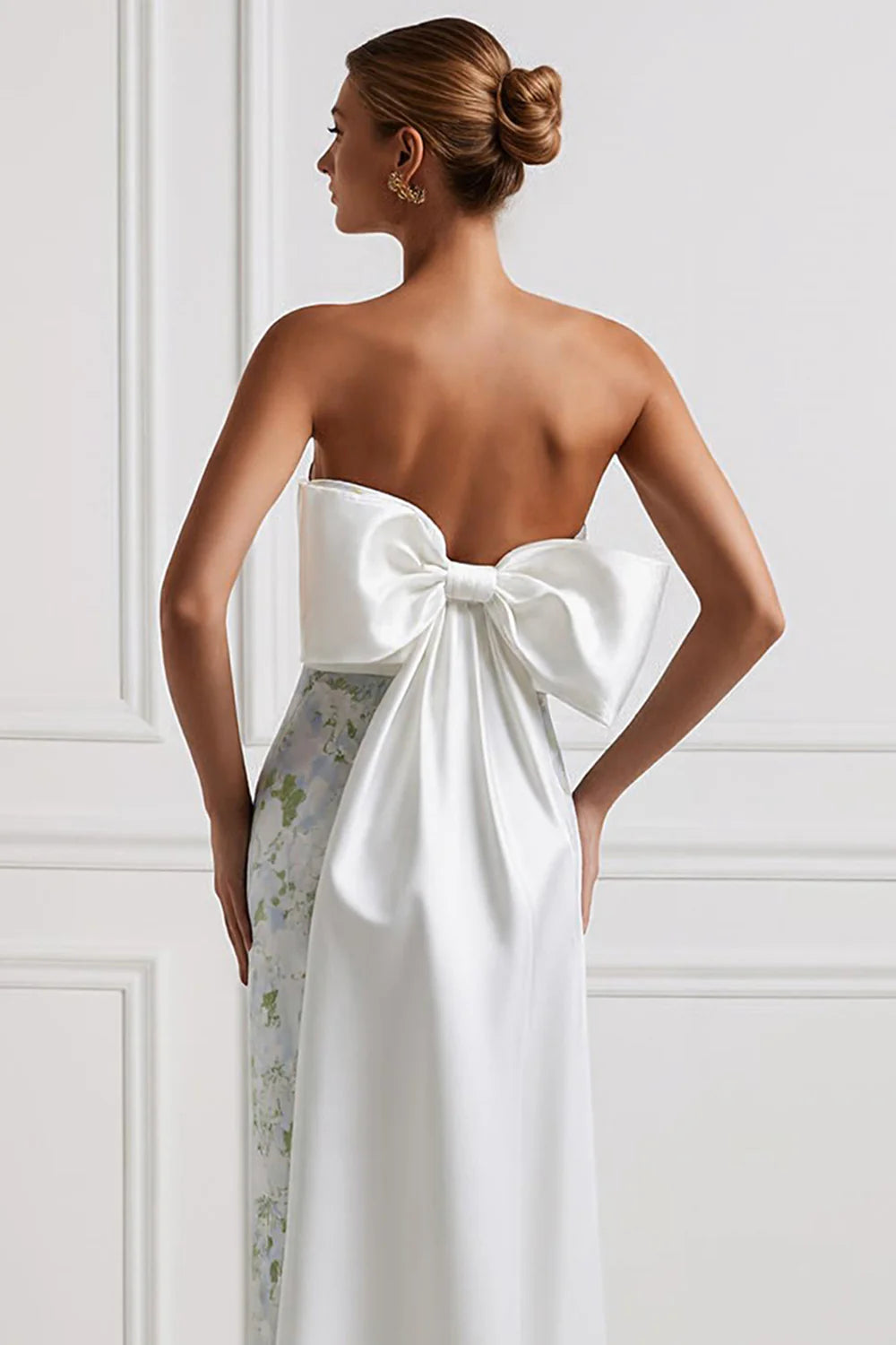 Sheath Strapless Blue White Flower Satin Long Bridesmaid Dress with Back Bow