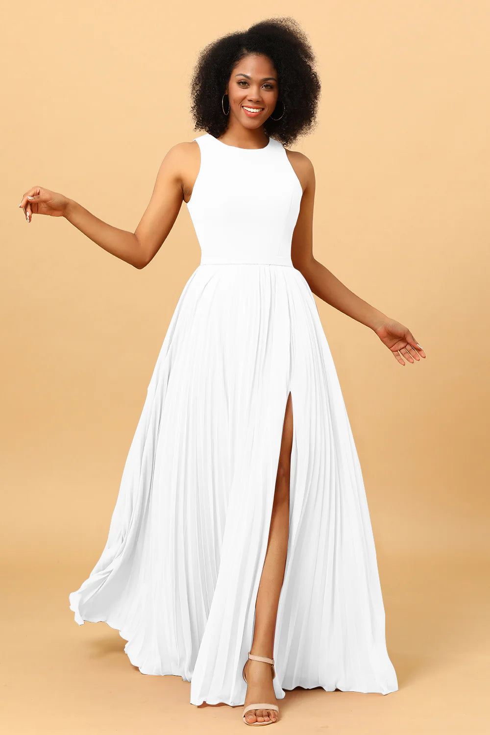 A Line Pleated Long Chiffon Bridesmaid Dress with Ruffles