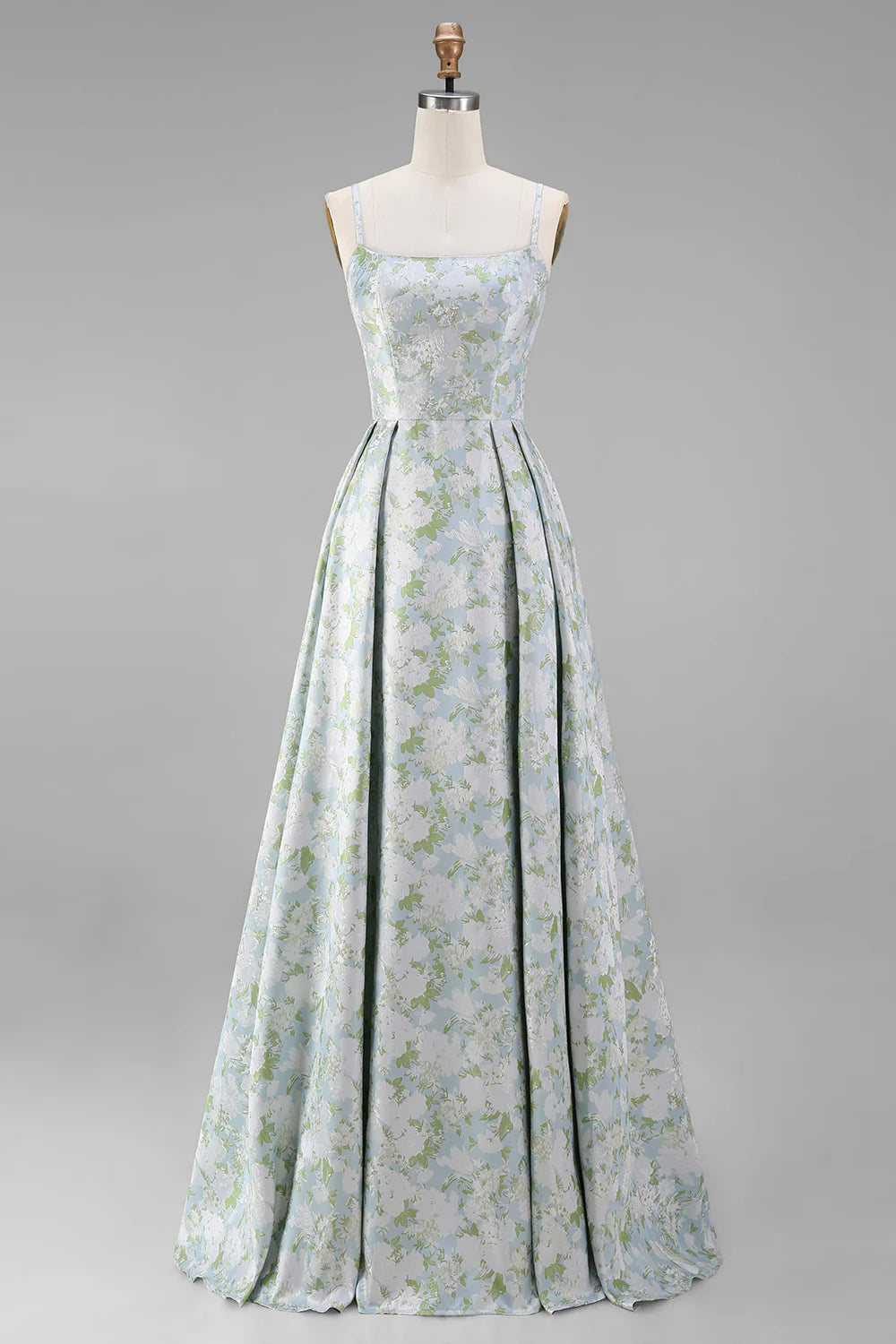Floral Printed Blue White A Line Long Bridesmaid Dress