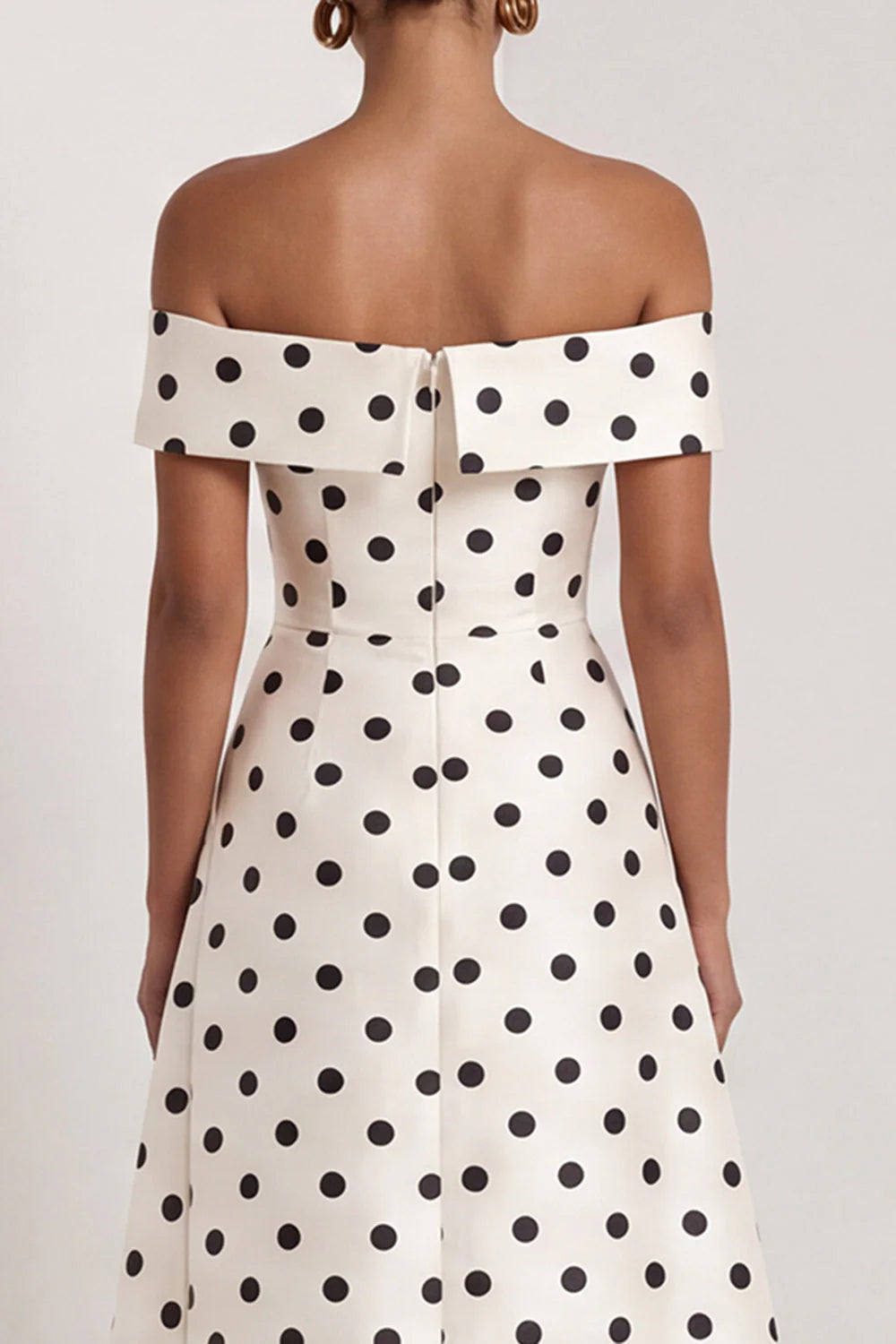 Off the Shoulder Black White Polka Dot A Line Maxi Formal Dress with Slit