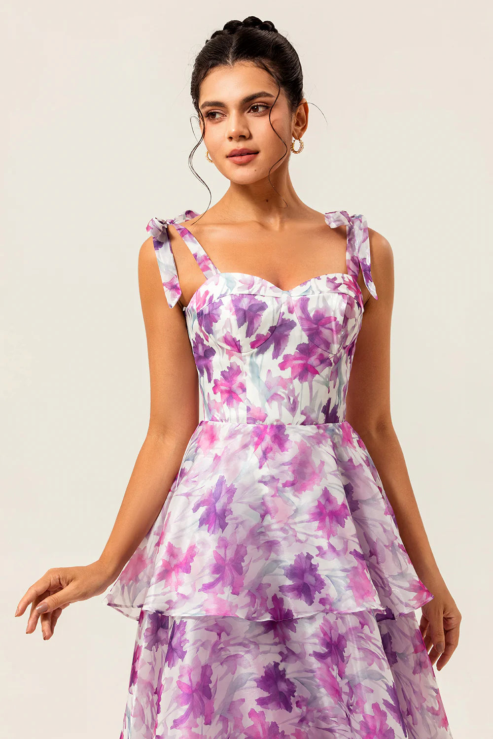 Purple Flower A Line Lace Up Back Tiered Print Midi Dress with Straps Bows
