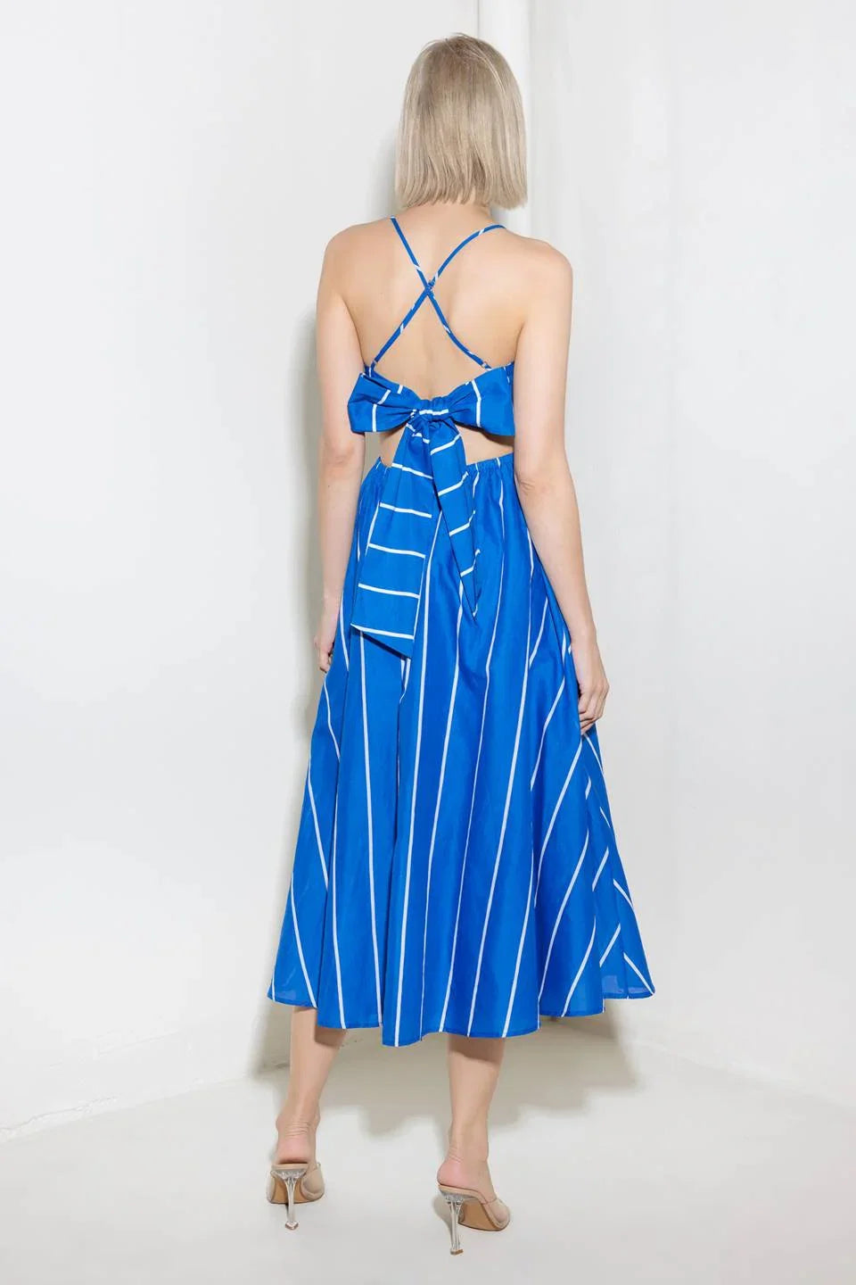 LET THE GOOD IN BLUE STRIPE TIE BACK MIDI DRESS