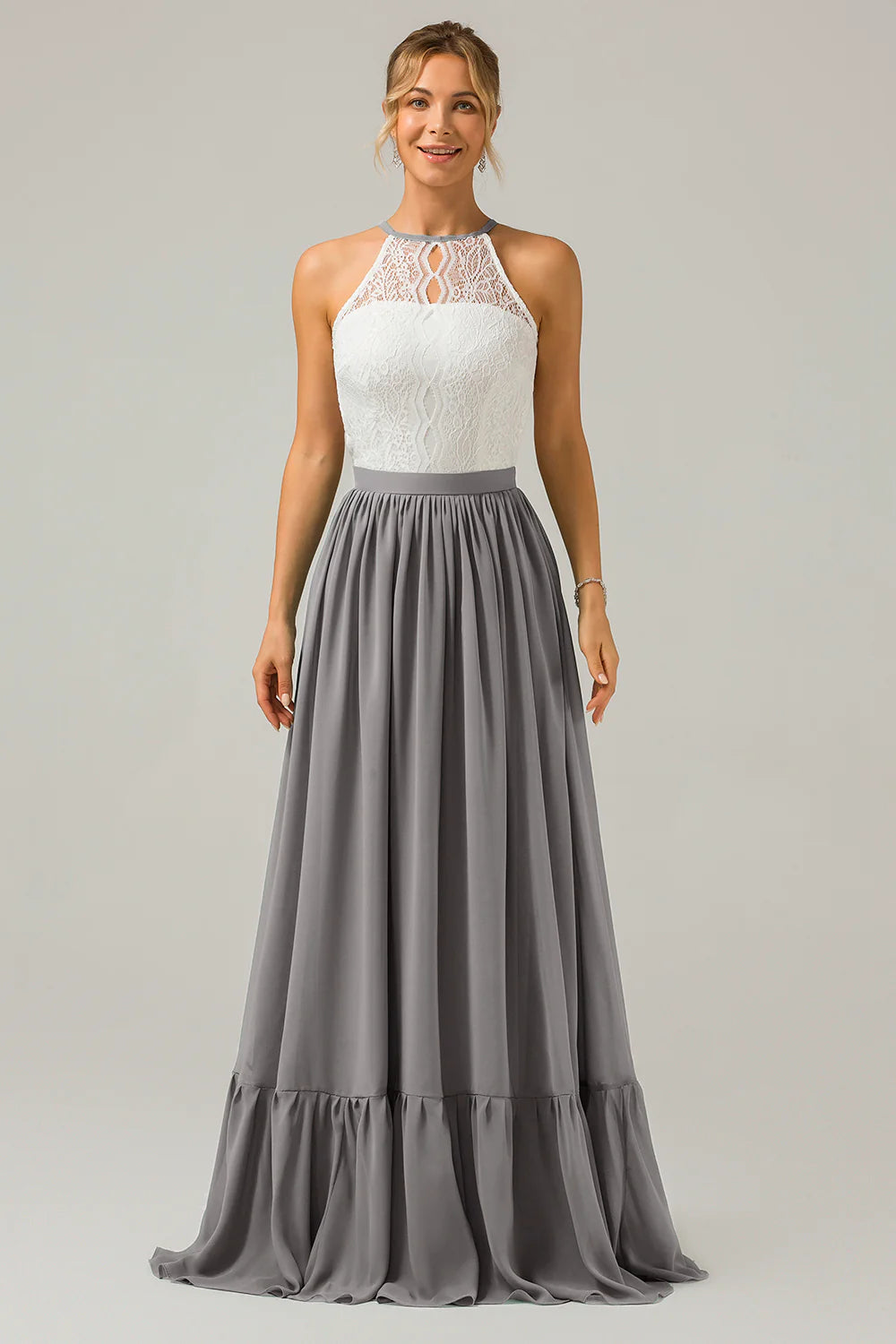 A Line Halter Pleated Keyhole Chiffon Bridesmaid Dress With Lace