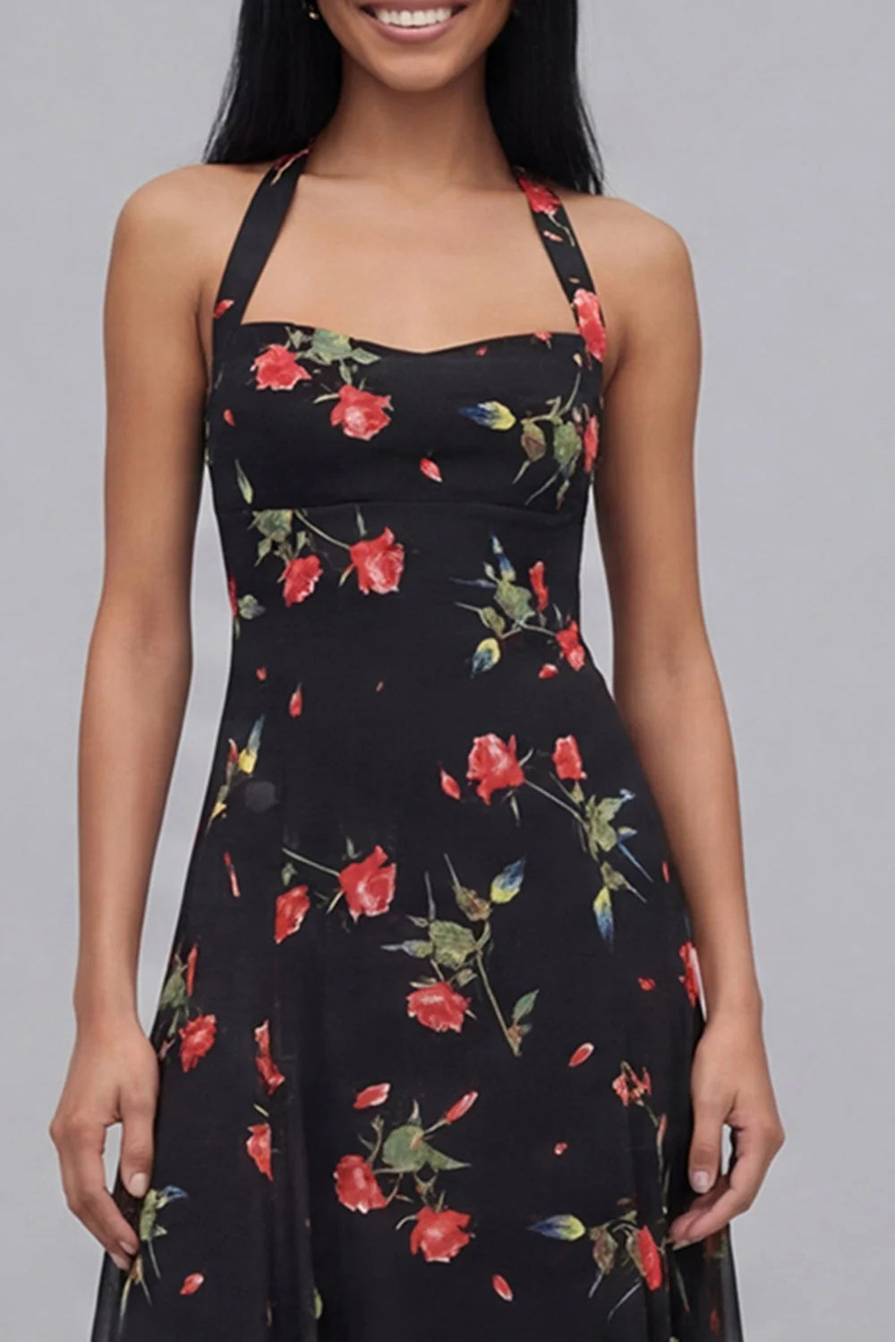 Black Halter Floral A Line Midi Wedding Guest Dress