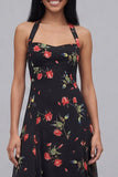Black Halter Floral A Line Midi Wedding Guest Dress