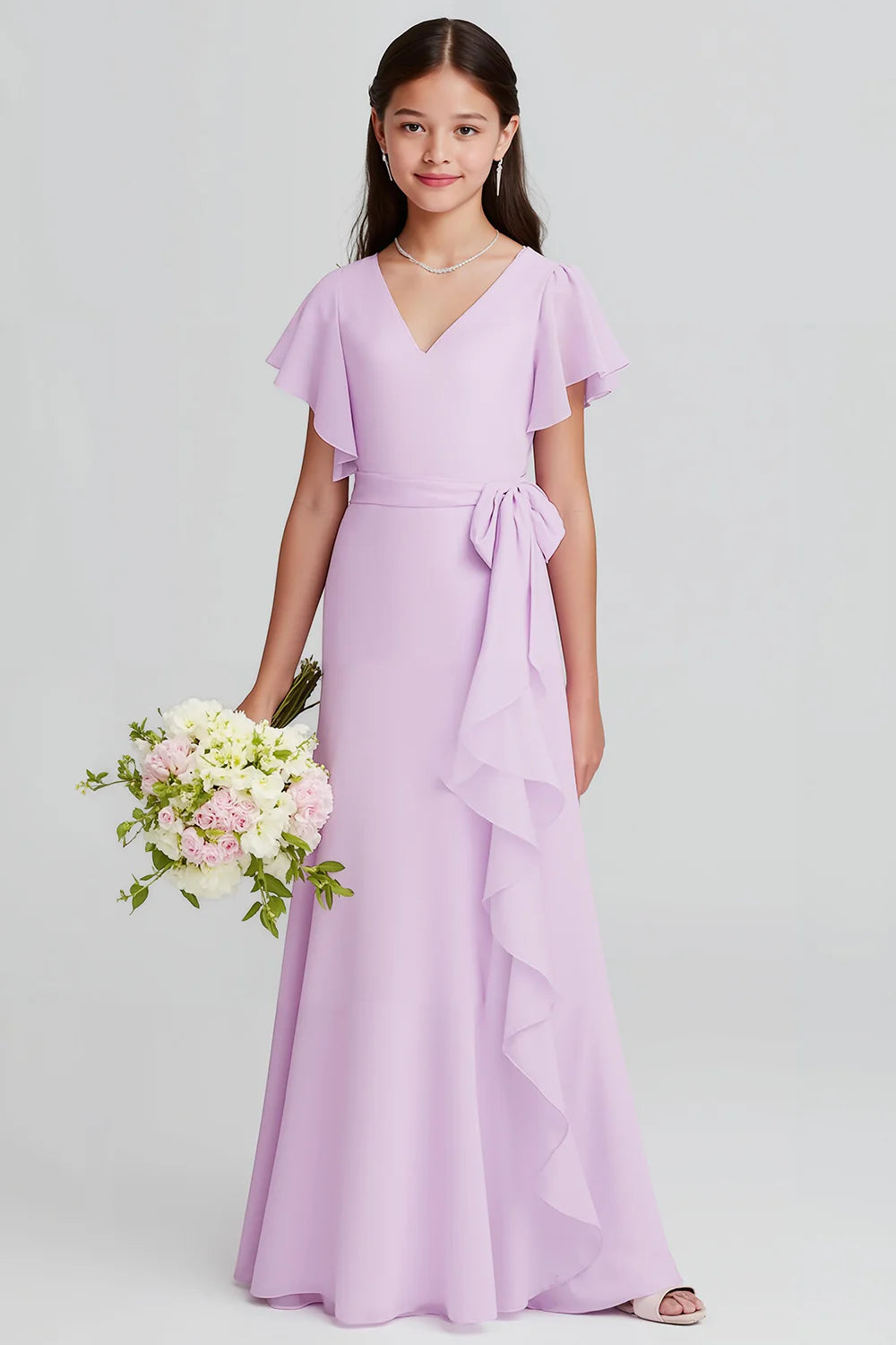 Purple A Line Chiffon V Neck Junior Bridesmaid Dress