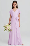 Purple A Line Chiffon V Neck Junior Bridesmaid Dress