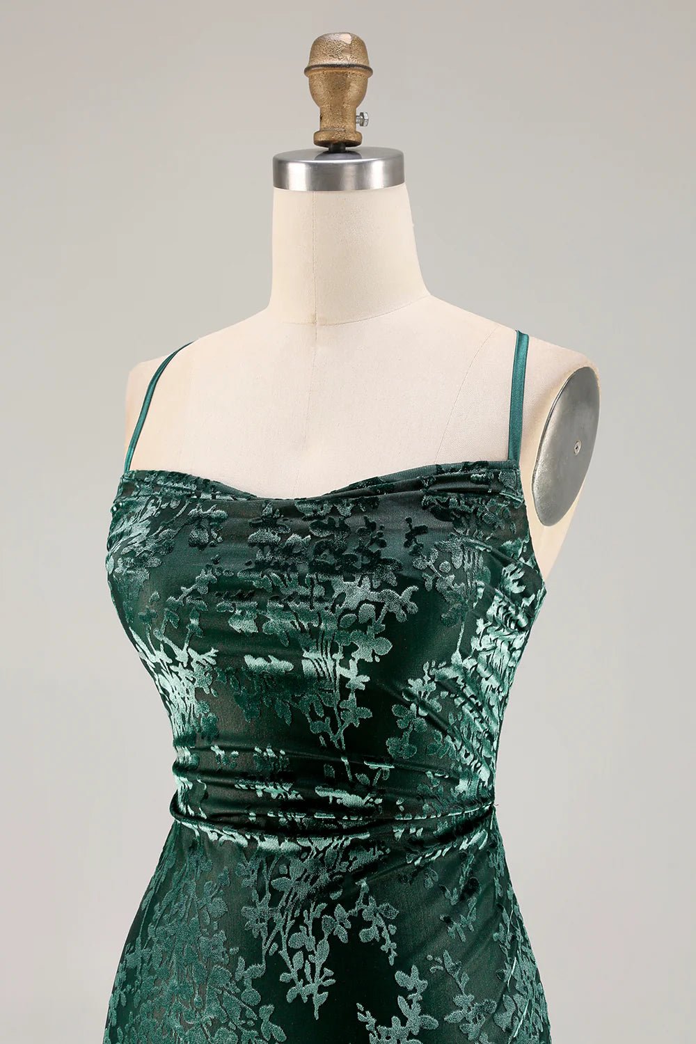Dark Green Sheath Burnout Velvet Spaghetti Straps Maxi Dress with Lace Up Back