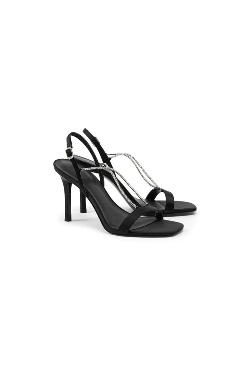 Square Toe Stiletto Black High Heels with Beading