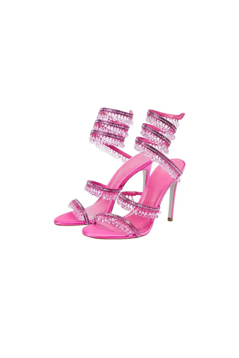 Open Toe Ankle Wrap Beaded Crystal Stiletto Heels