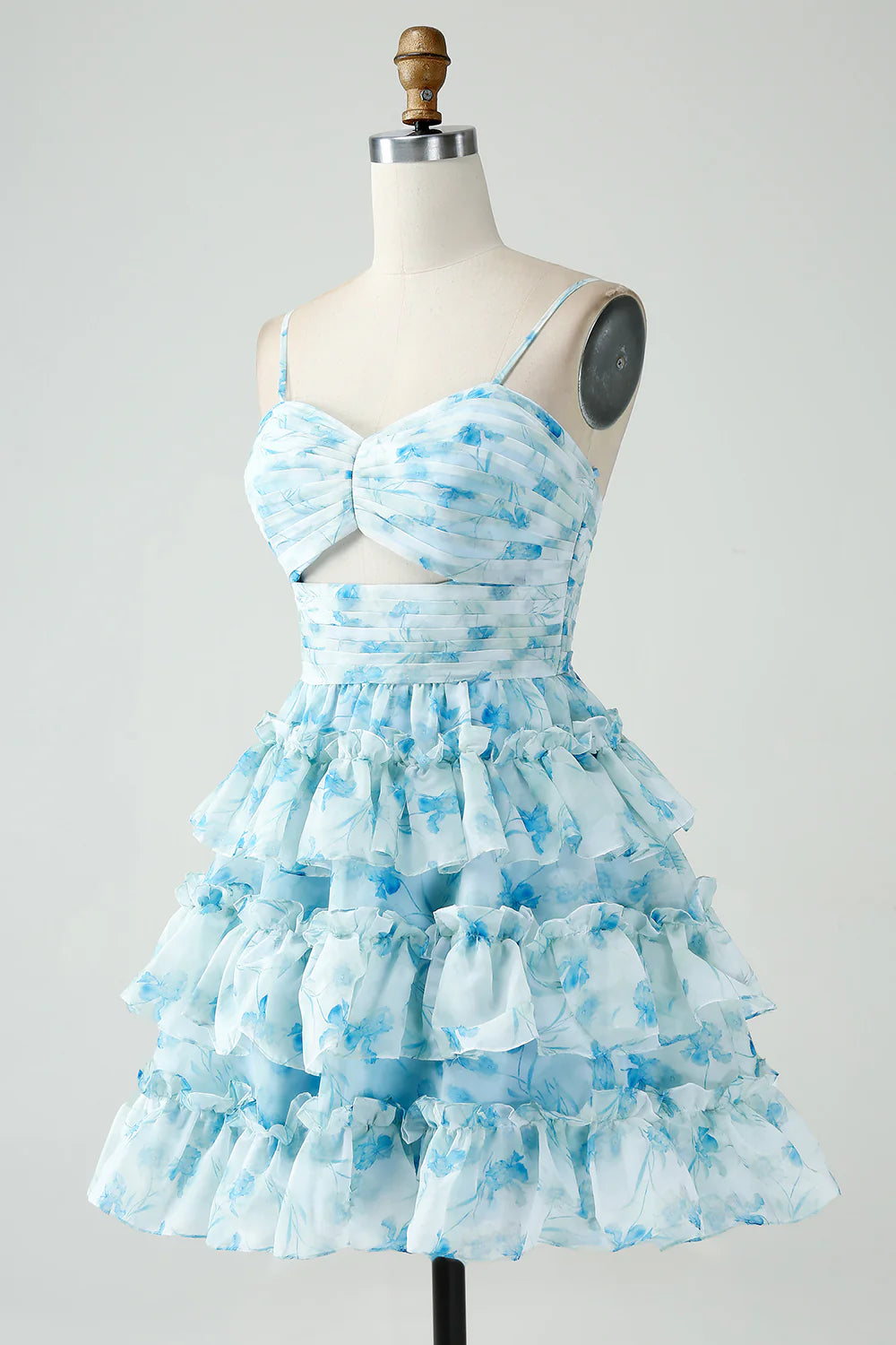 Blue Flower A Line Tiered Pleated Short Homecoming Dress