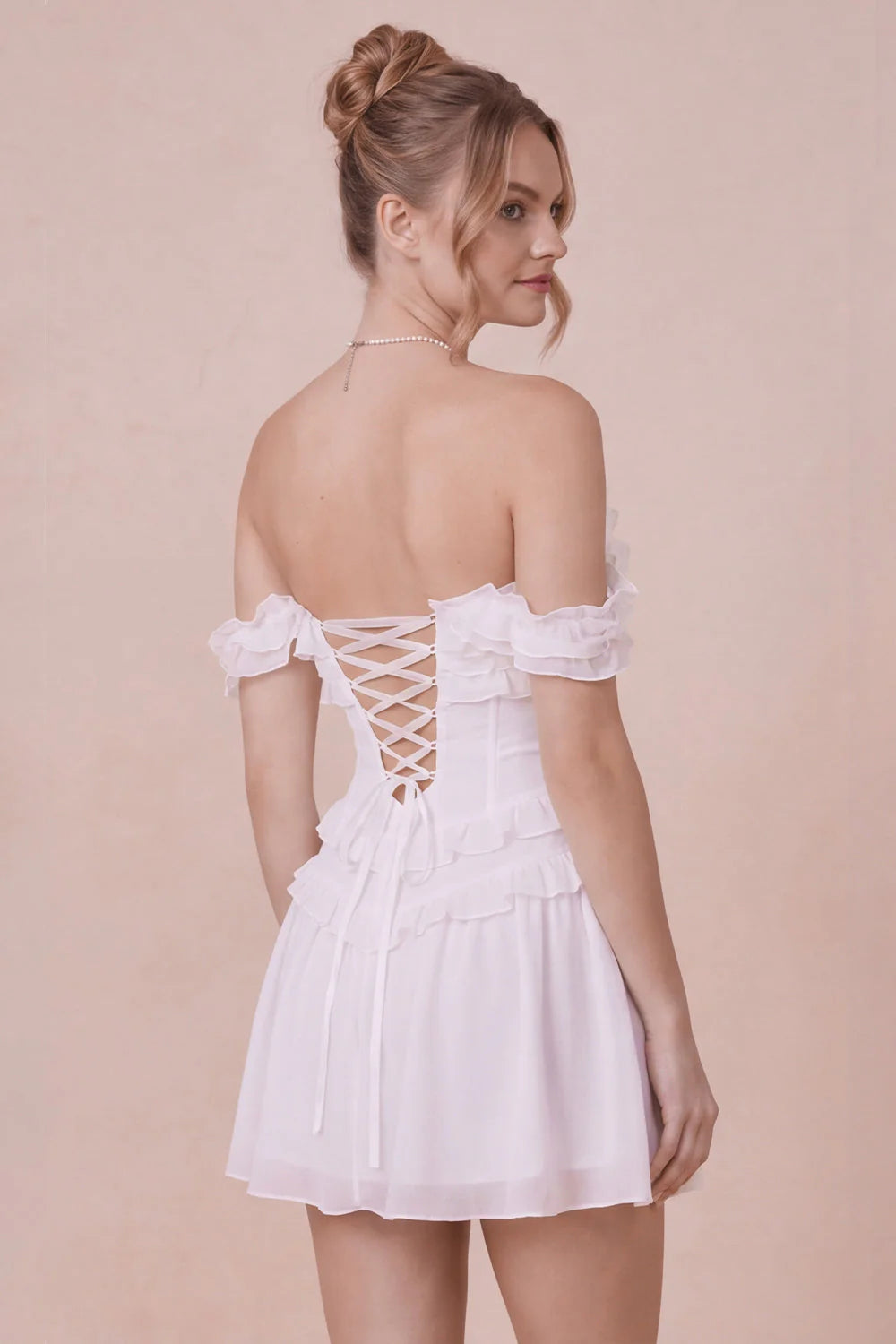Off the Shoulder White Ruffled Corset Graduation Dress