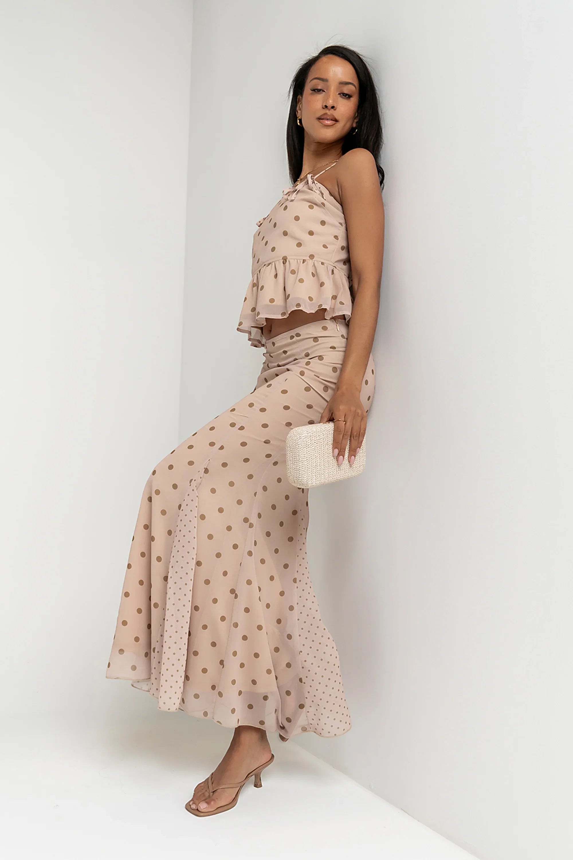 Freida Polka Dot Maxi Skirt in Taupe