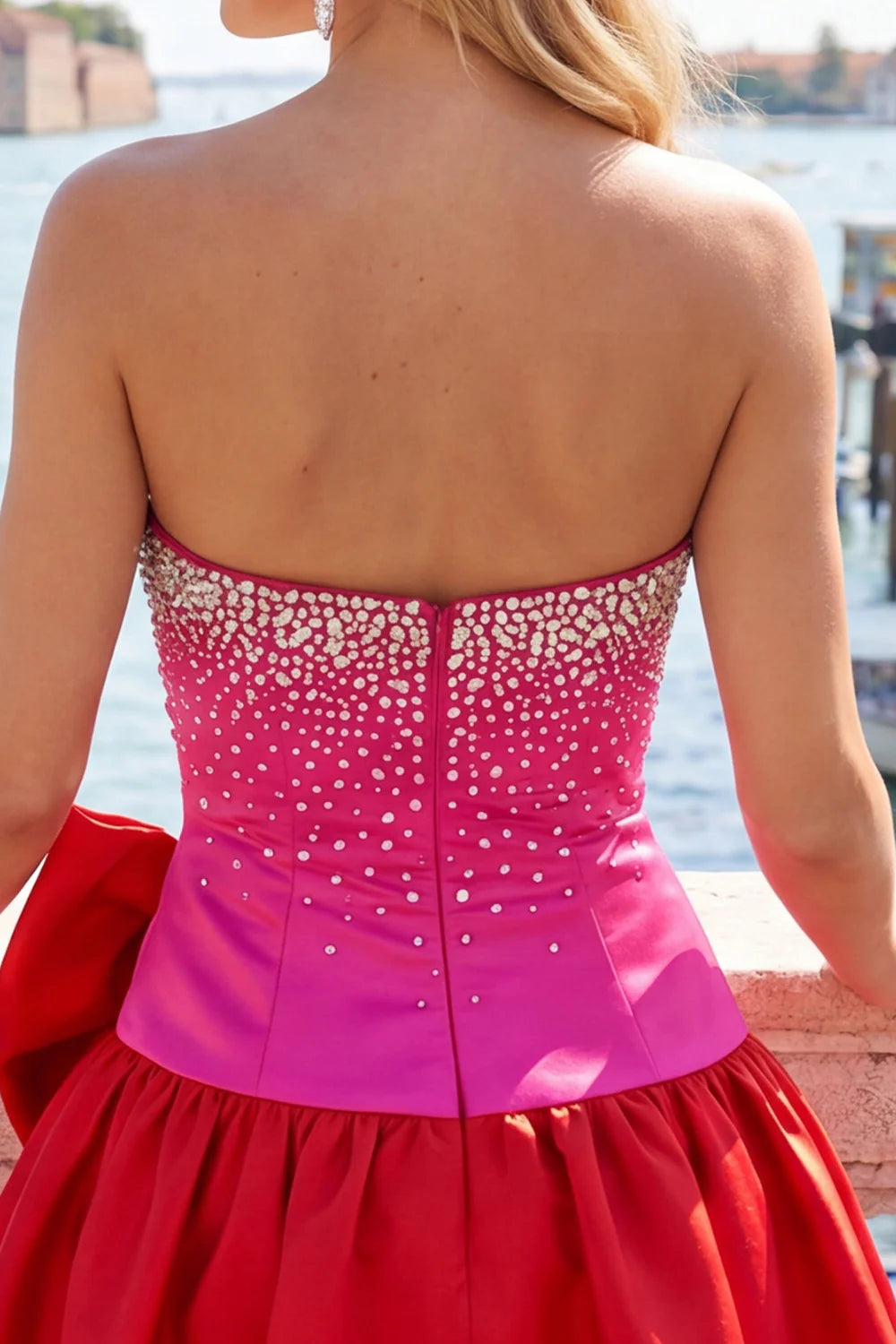 Beaded A Line Strapless Blue Homecoming Dress with Bow