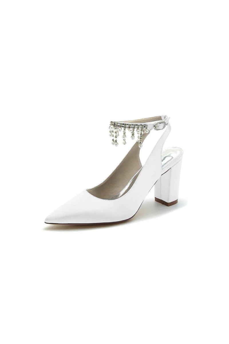 Pointed Toe Satin Chunky Heels With Pearl Tassel