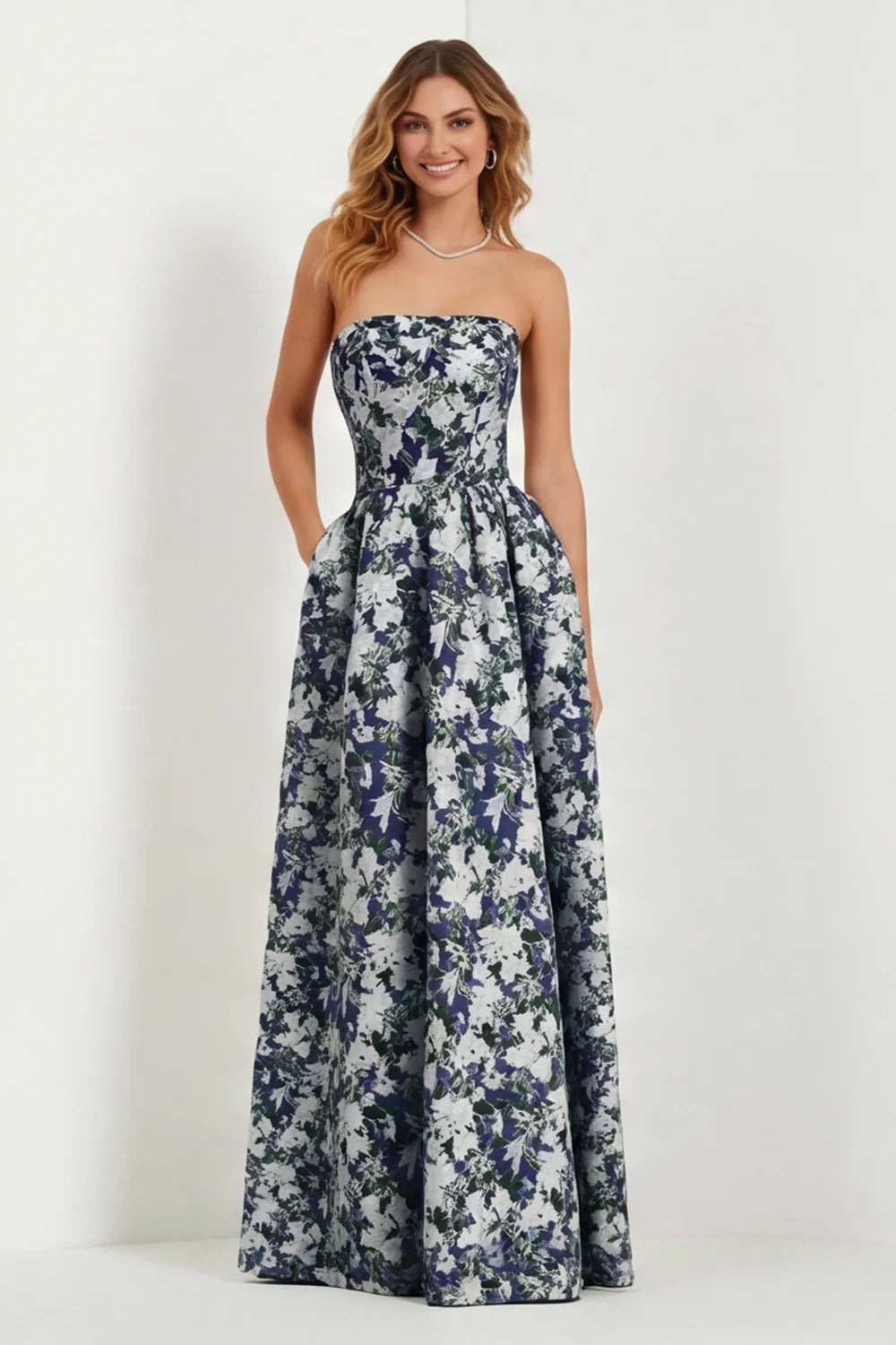 Blue Strapless Print A Line White Floral Long Satin Dress with Pockets