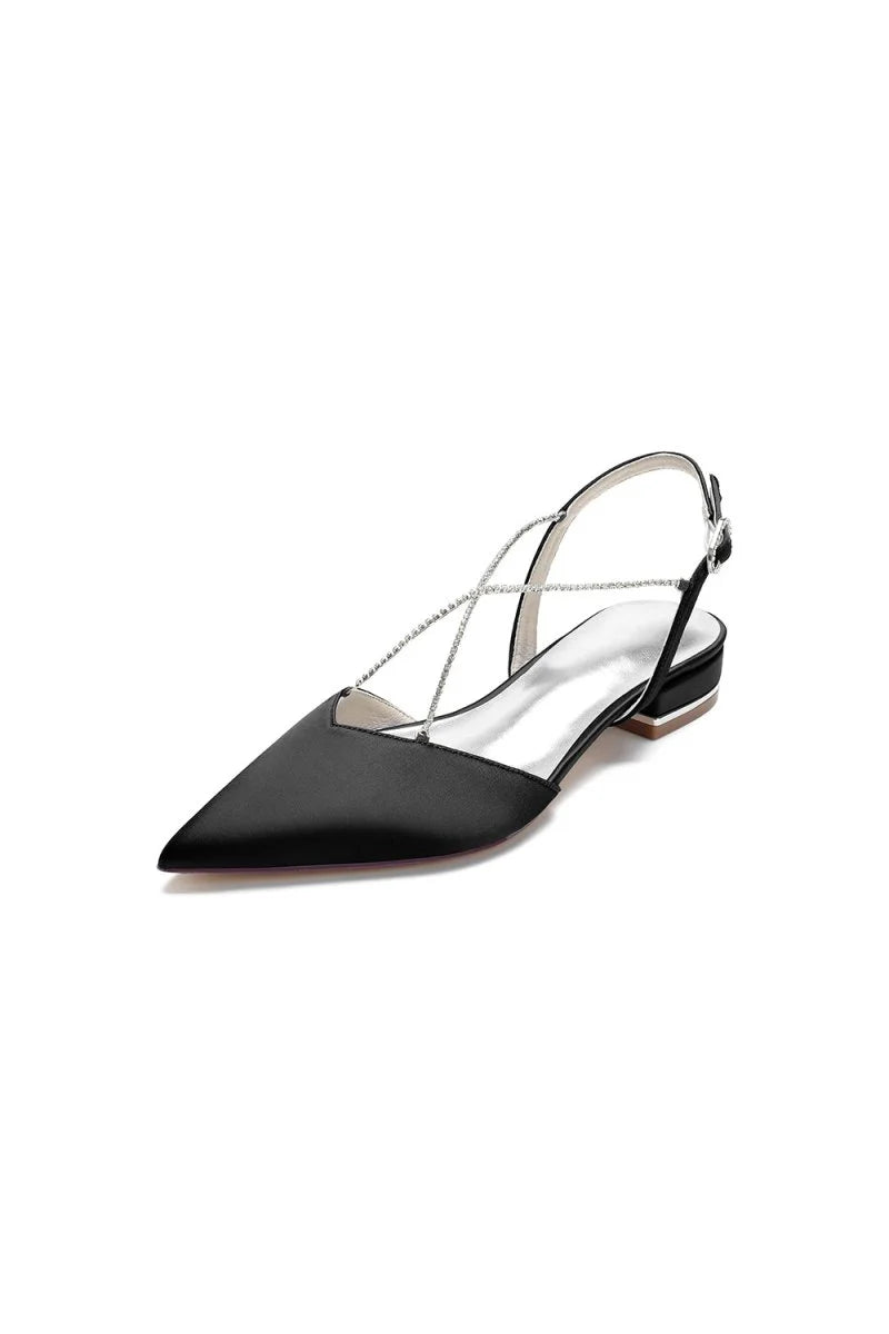 Satin Pointed Toe Beading Buckle Kitten Heels
