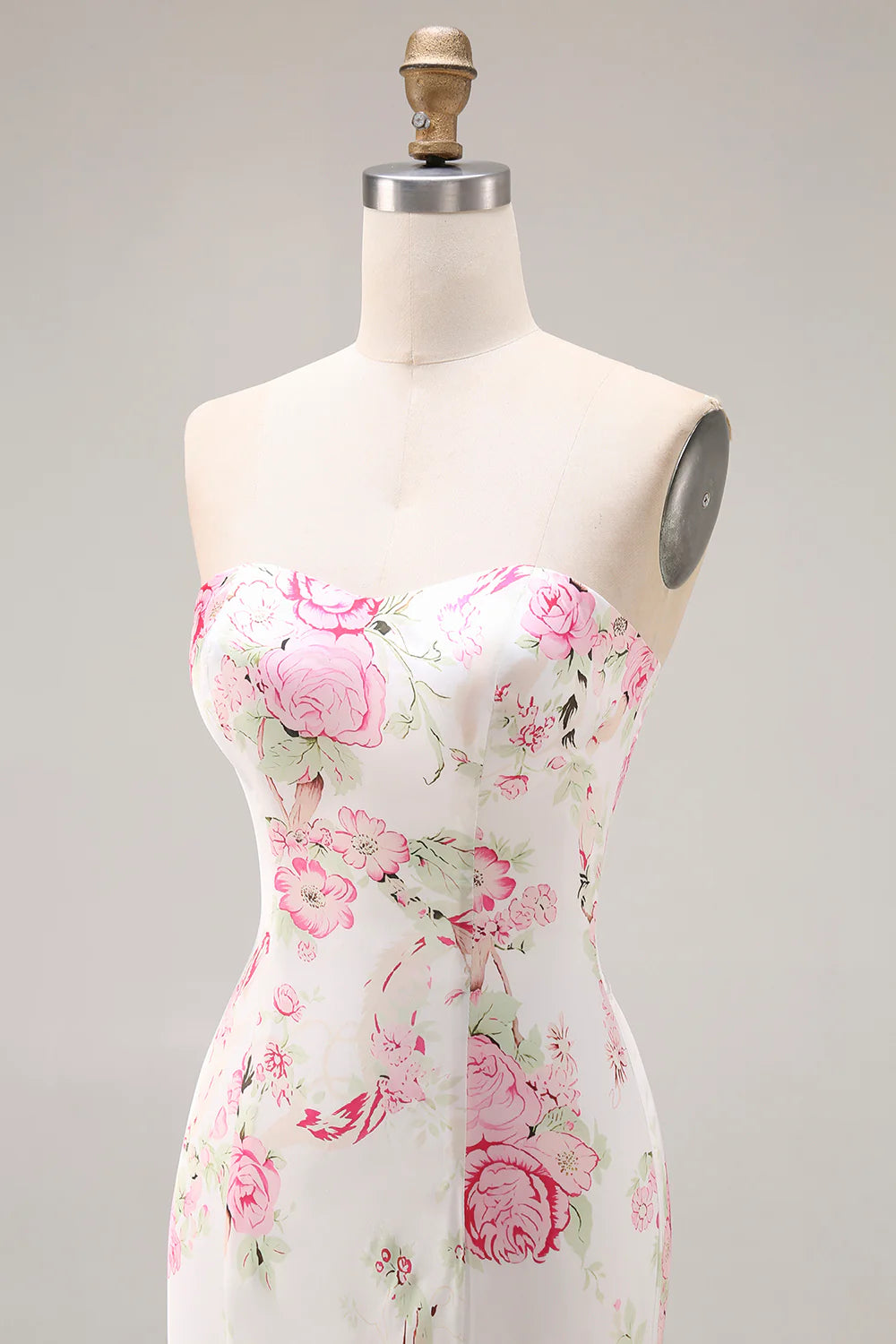 Strapless White Pink Flower Printed Mermaid Long Prom Dress