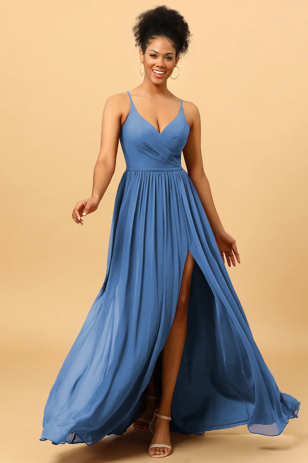 A Line Spaghetti Straps Ruched Long Chiffon Bridesmaid Dress with Slit