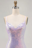 Sparkly Lilac Bodycon Spaghetti Straps Sequins Short Homecoming Dress