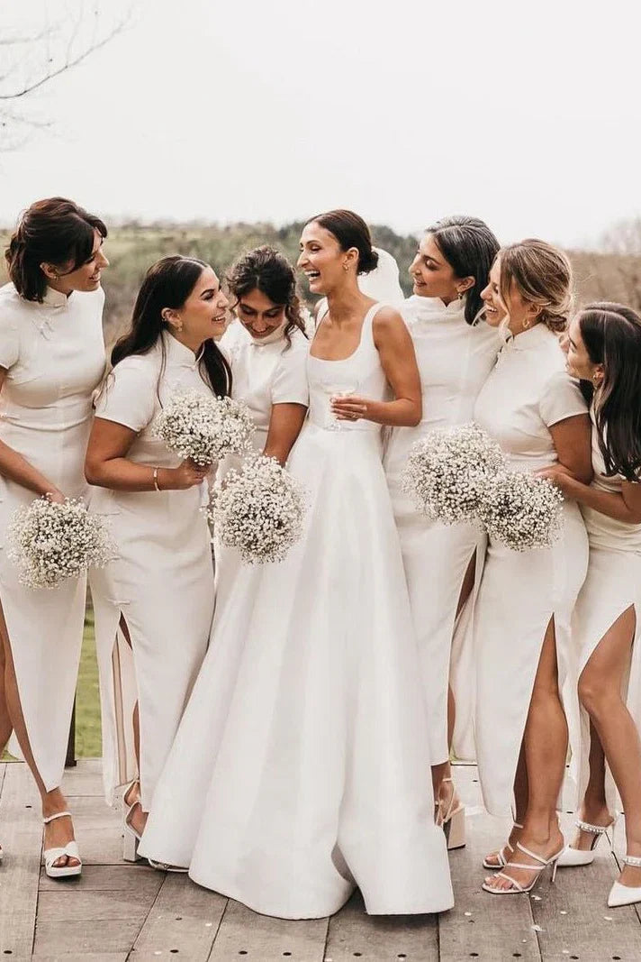 Simple A Line Square Neck White Satin Wedding Dresses