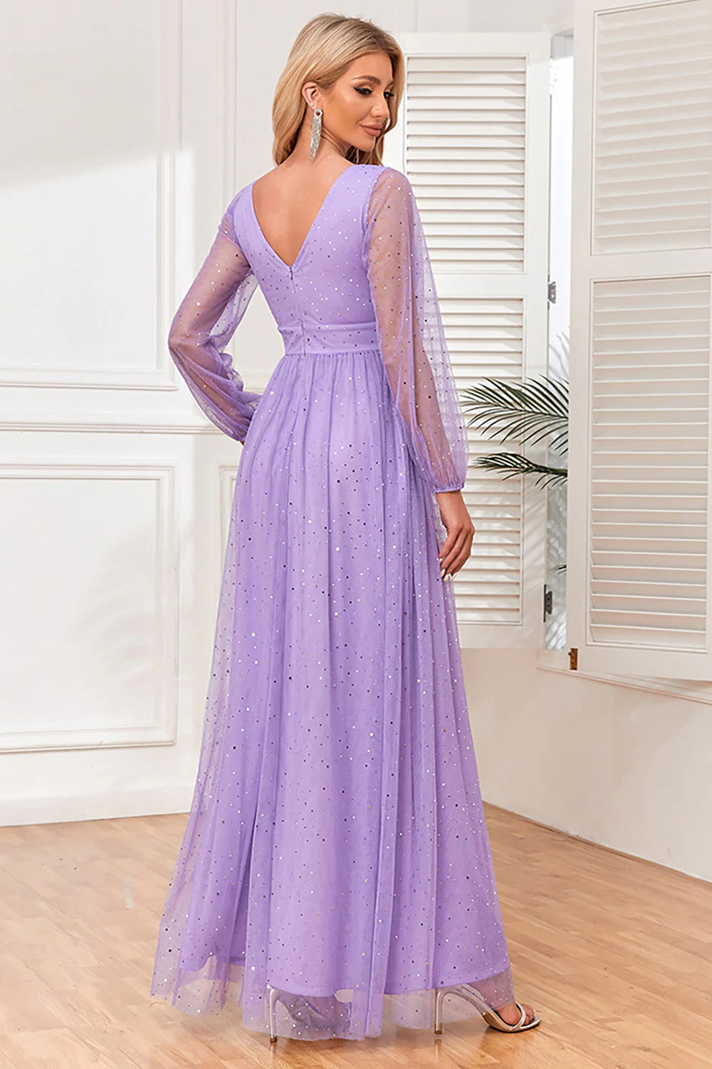 Lilac A Line Long Sleeves Long Formal Dress with Slit