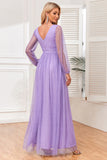 Lilac A Line Long Sleeves Long Formal Dress with Slit