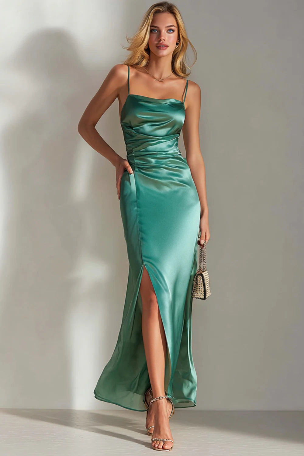 Emerald Green Mermaid Ruched Formal Dress with Slit