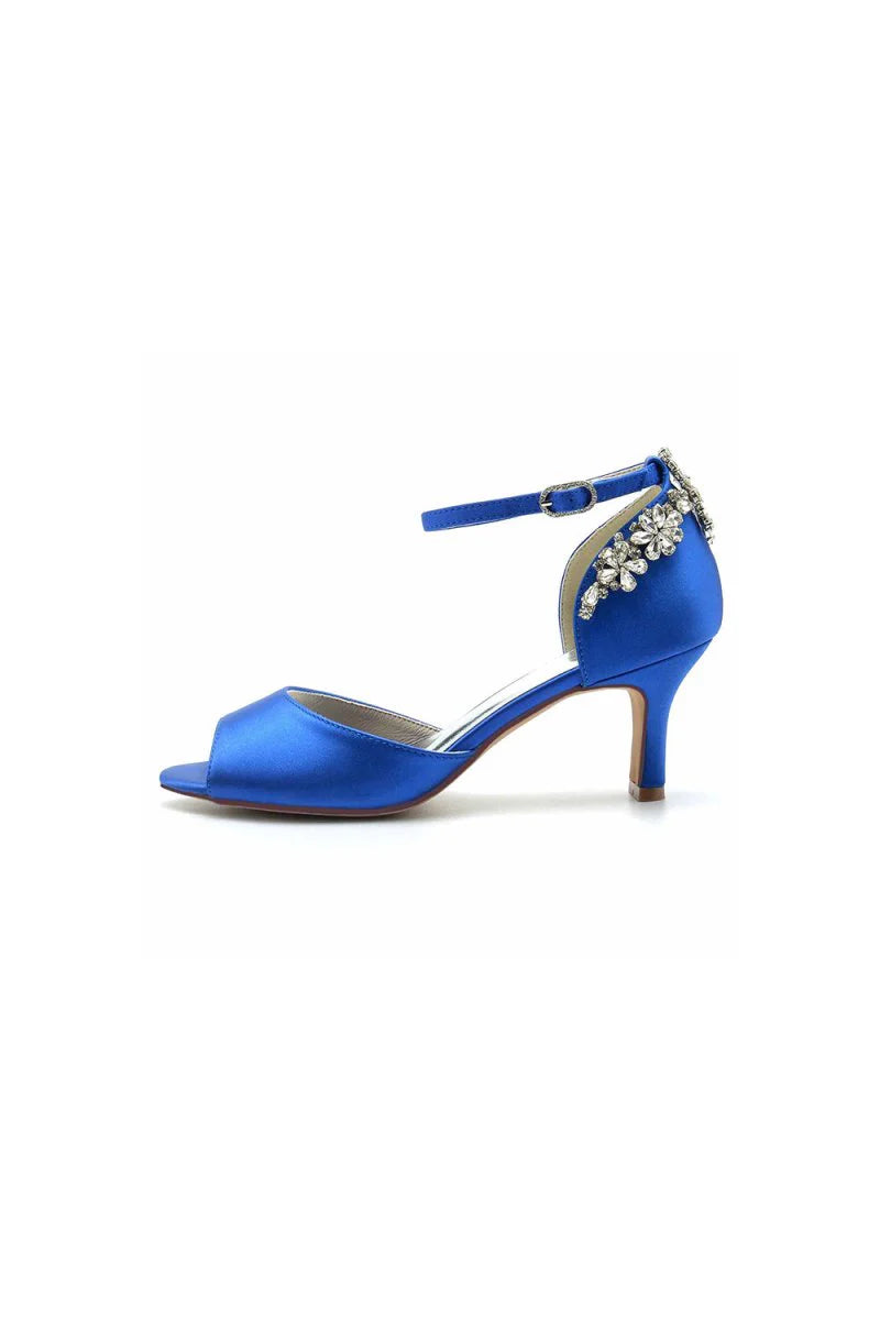Satin Ankle Strap Rhinestone Chunky Heels