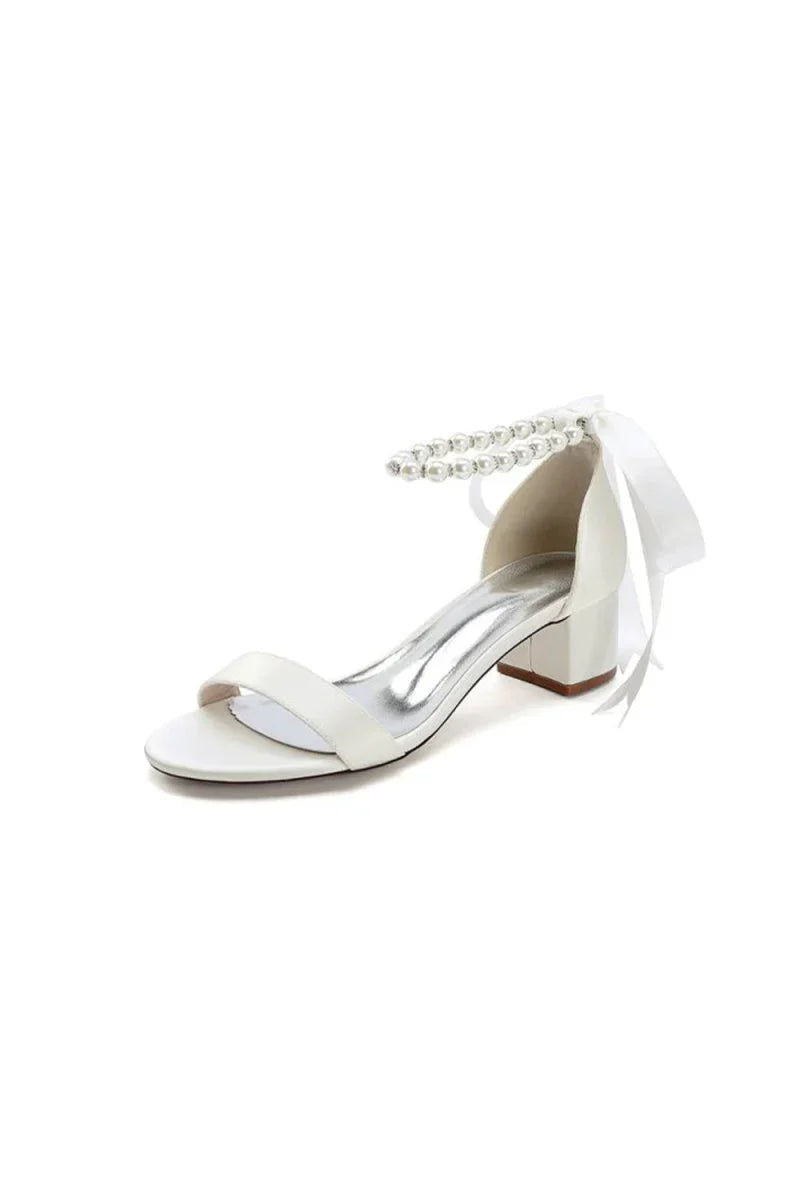 Block Heel Sandal Adorned with Pearl Ankle Band and Ribbon Bow