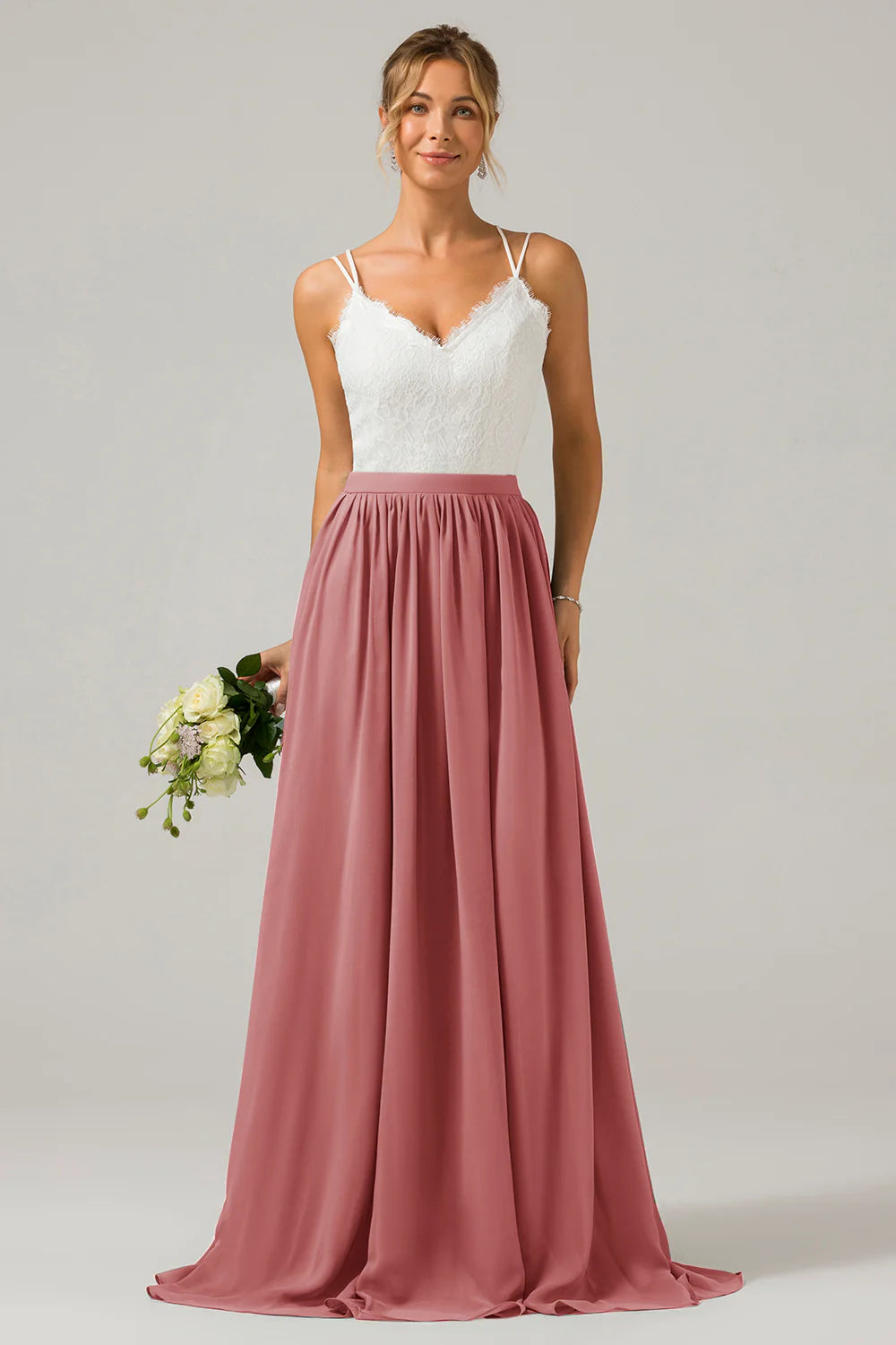 A Line Spaghetti Straps Pleated Long Bridesmaid Dress With Lace