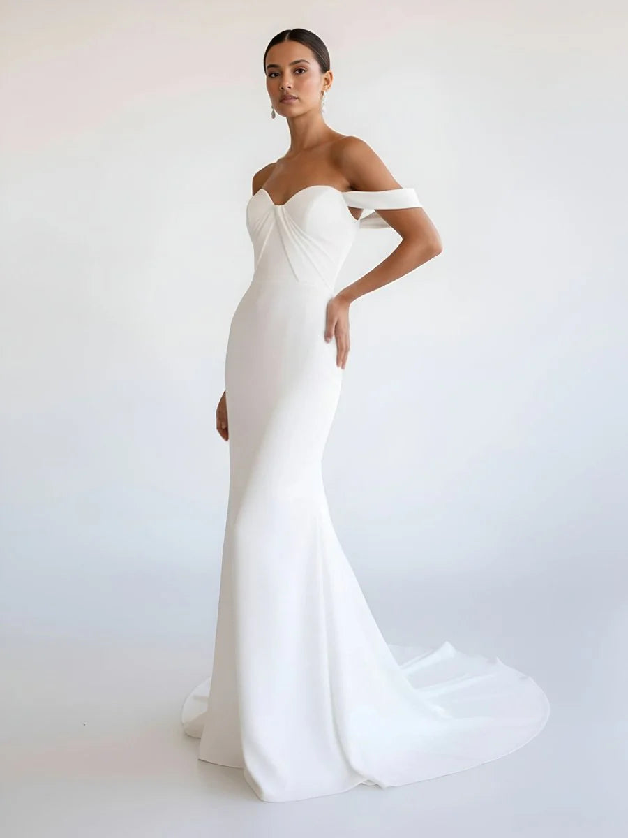Simple White Mermaid Off the Shoulder Boho Wedding Dress