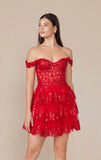 BRENNA MINI DRESS RED OFF SHOULDER TIERED SHORT DRESS