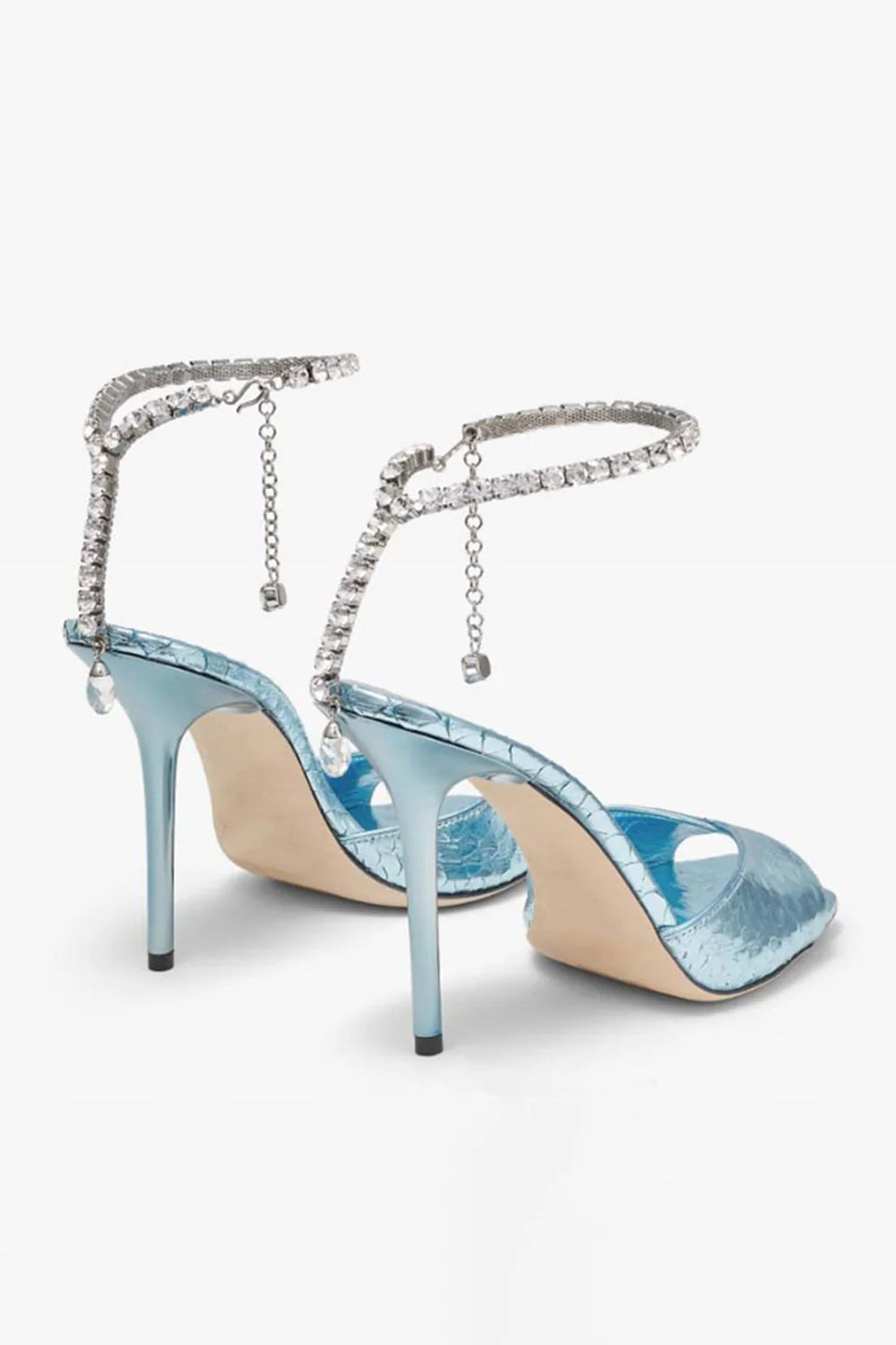 Emerald Croc Embossed Stiletto Heels with Crystal Ankle Strap