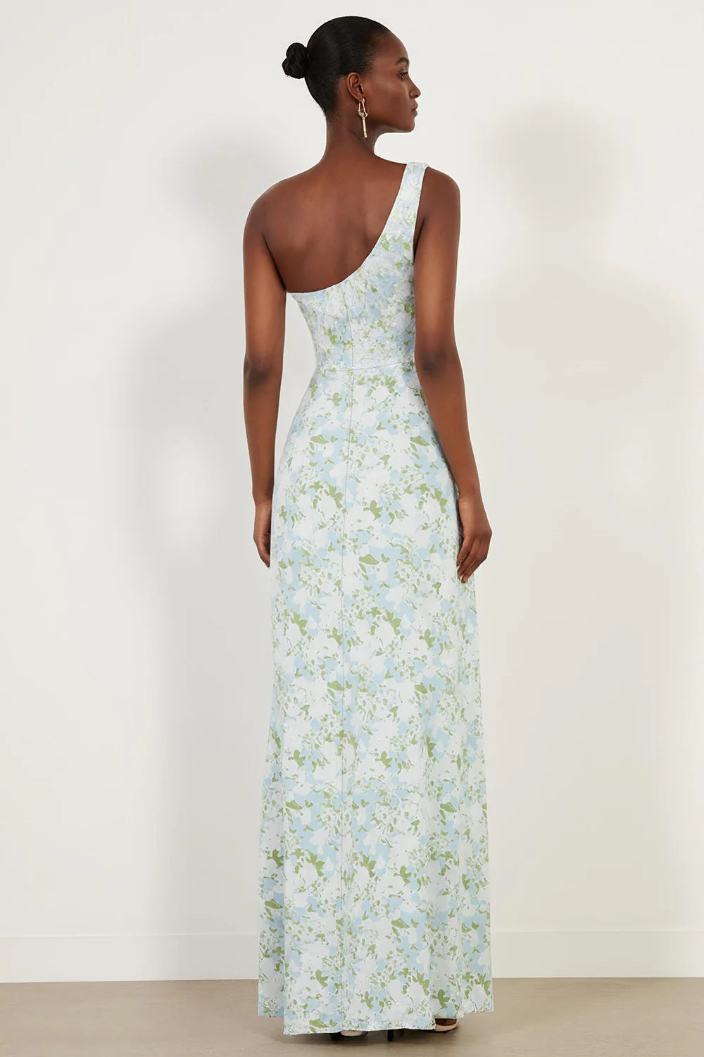 Blue White Flower One Shoulder Print Sheath Maxi Dress with Slit