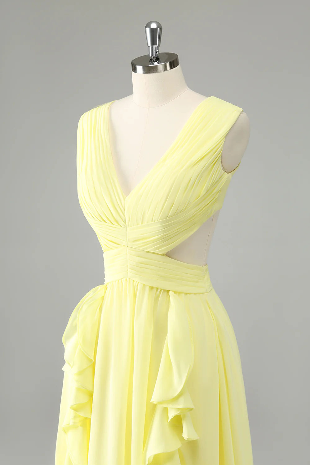 Lemon Yellow A Line V Neck Ruffle Pleated Bridesmaid Dress with Lace Up Back