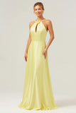 Yellow A Line Halter Backless Floor Length Bridesmaid Dress with Flower