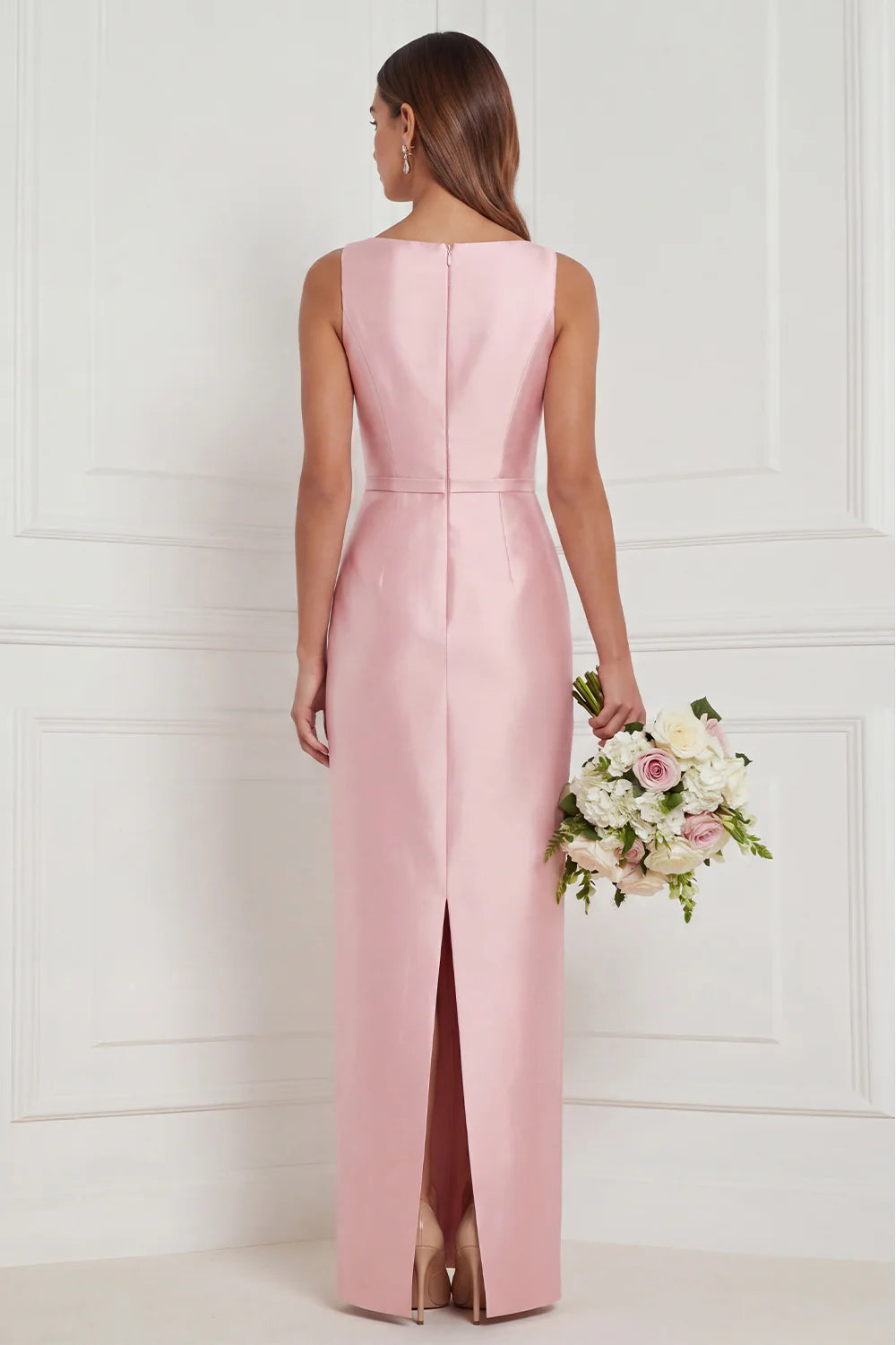 Sage Green Sheath Bateau Neck Satin Bridesmaid Dress