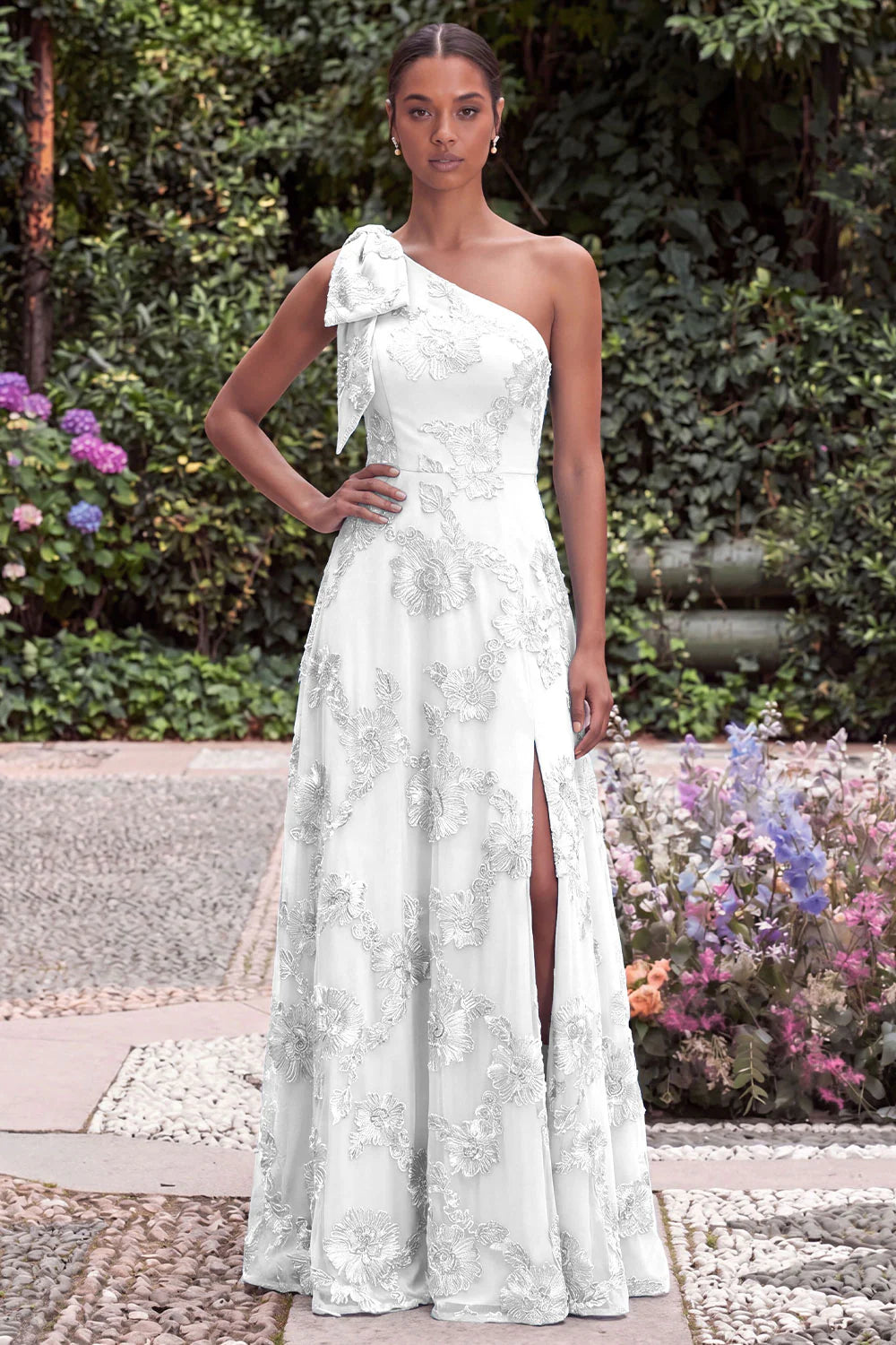 Daffodil A Line Floral Embroidery One Shoulder Wedding Guest Dress with Slit