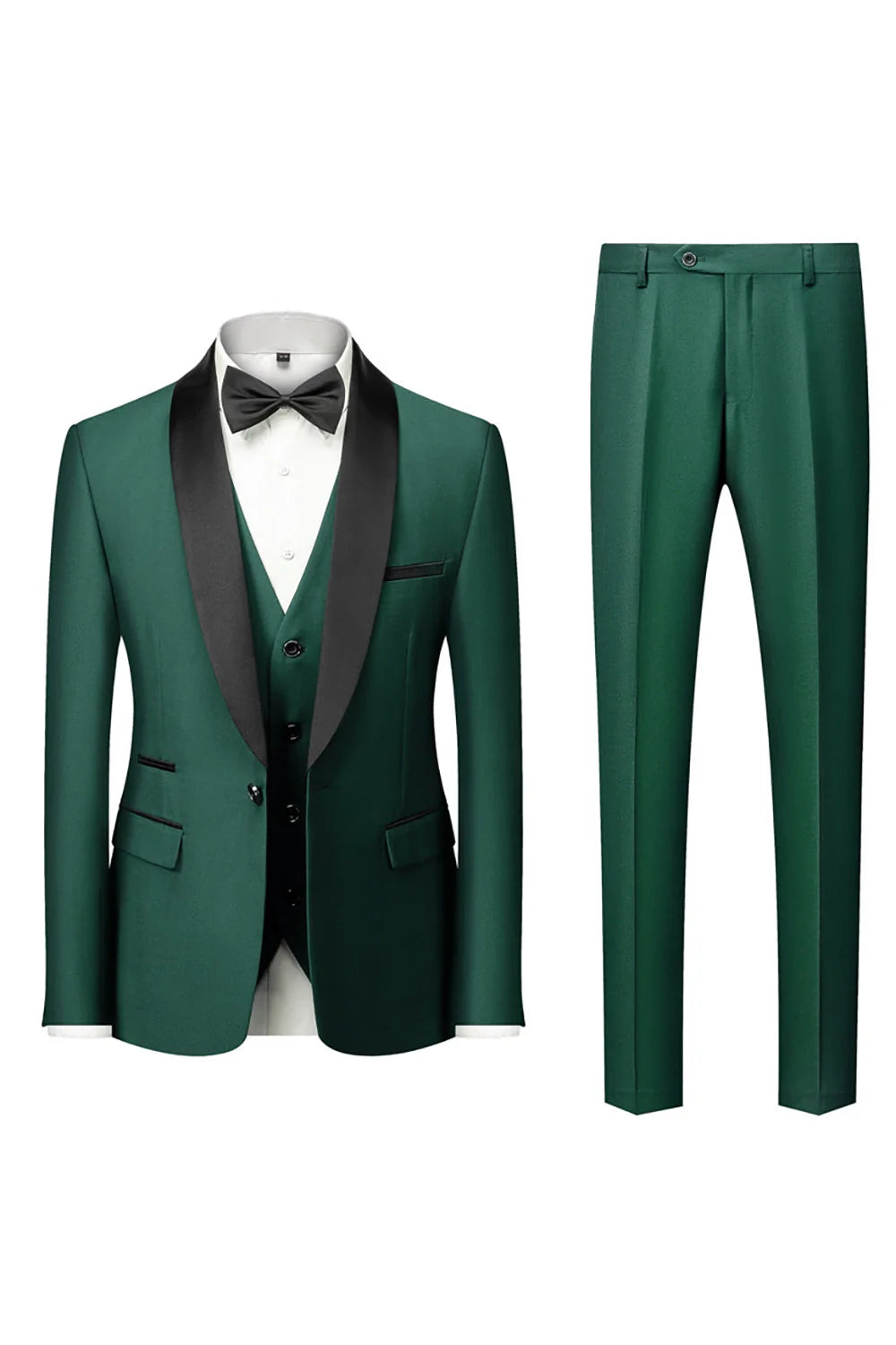Mens Dark Green Shawl Lapel 3 Pieces Slim Fit Wedding Suits