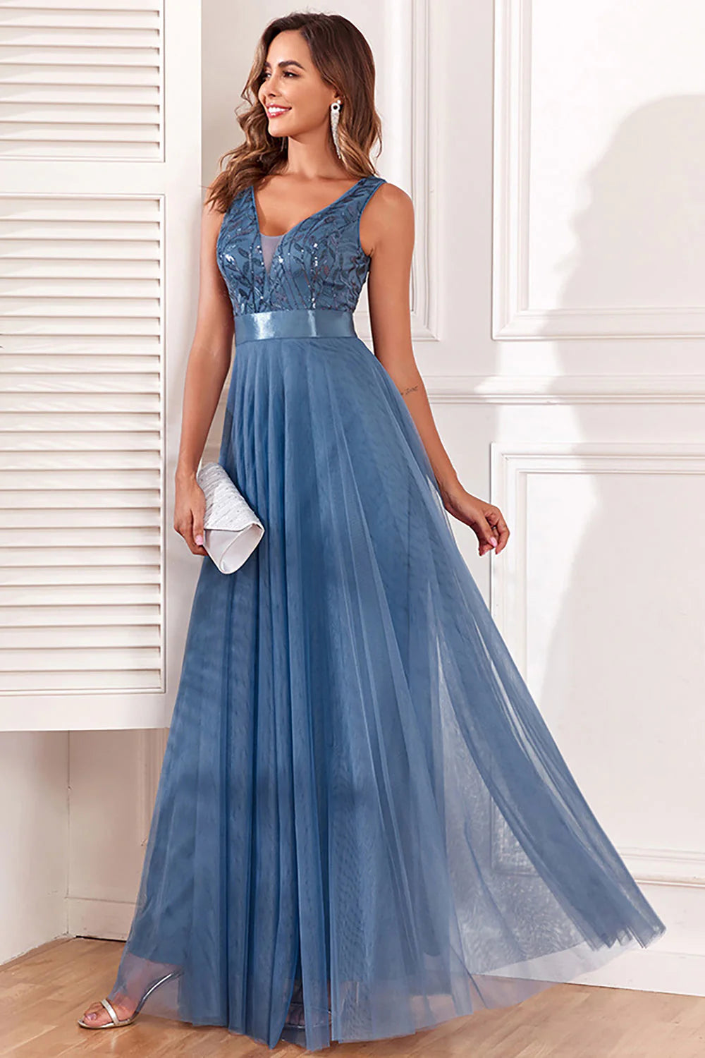 Sparkly Blue A Line V Neck Mother of the Bride Dress