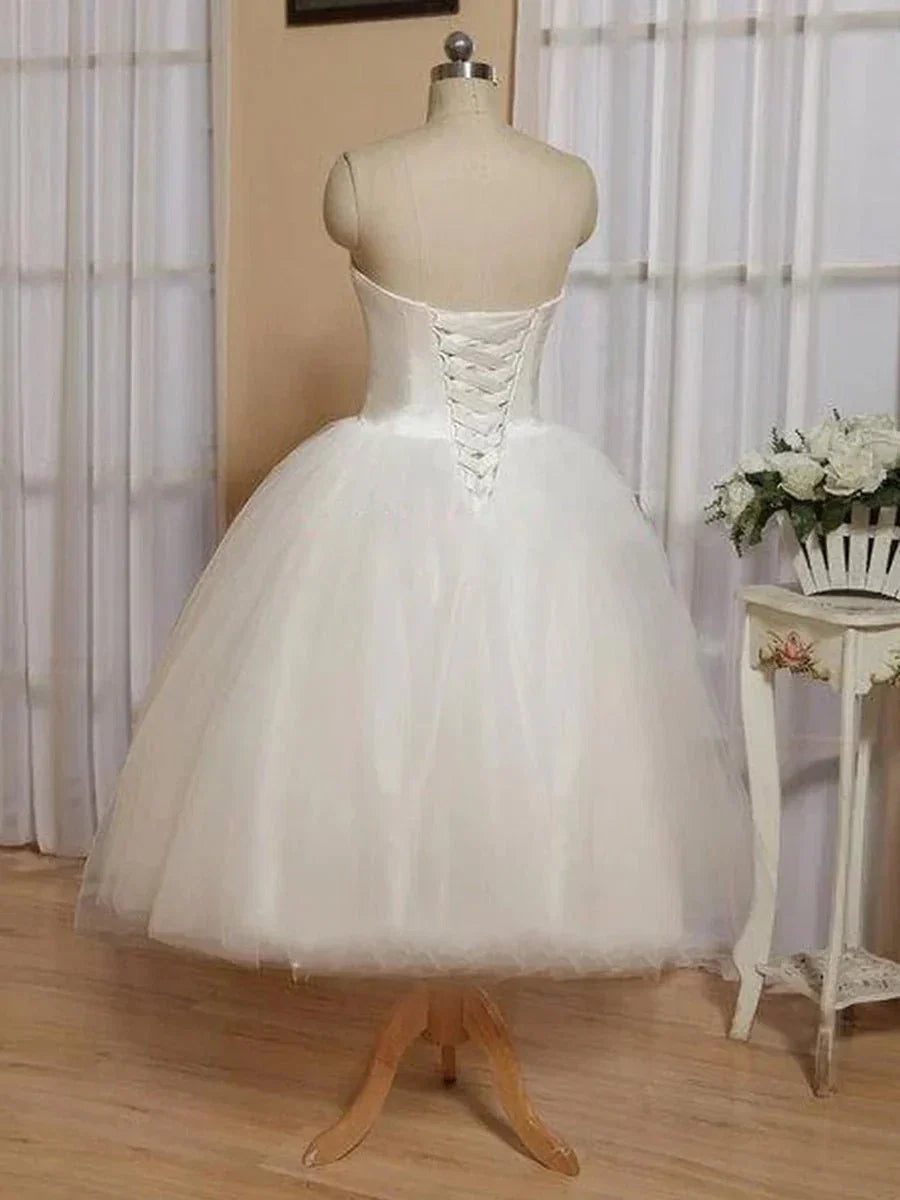Sweetheart Empire Tea Length Tulle Wedding Dress With Lace Up Back