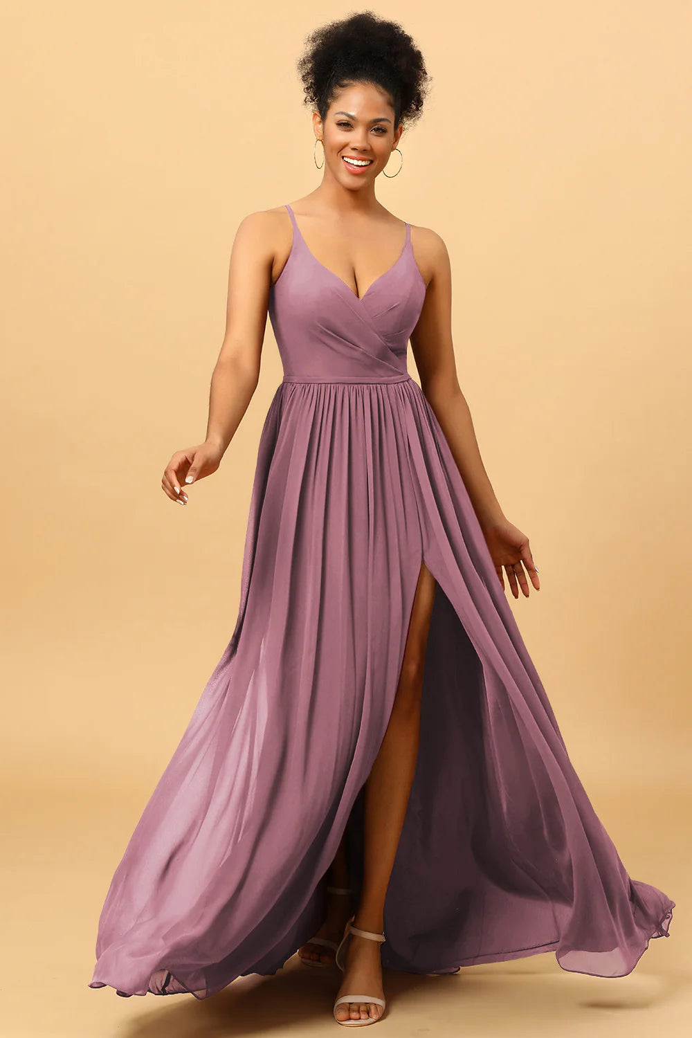 A Line Spaghetti Straps Ruched Long Chiffon Bridesmaid Dress with Slit