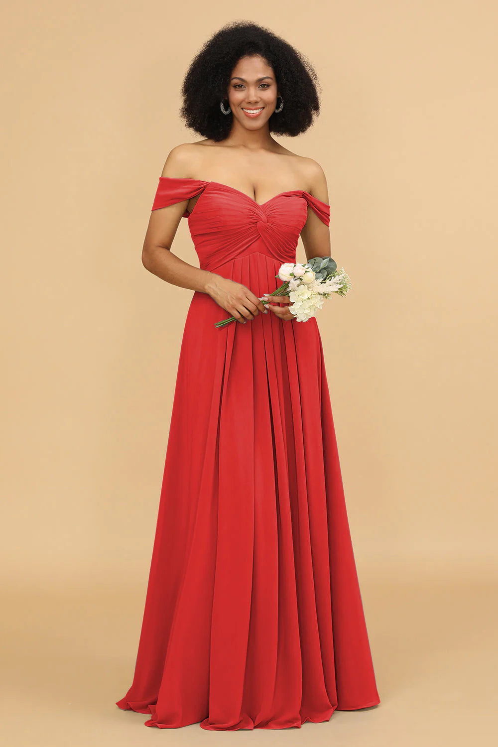 A Line Off the Shoulder Long Chiffon Bridesmaid Dress