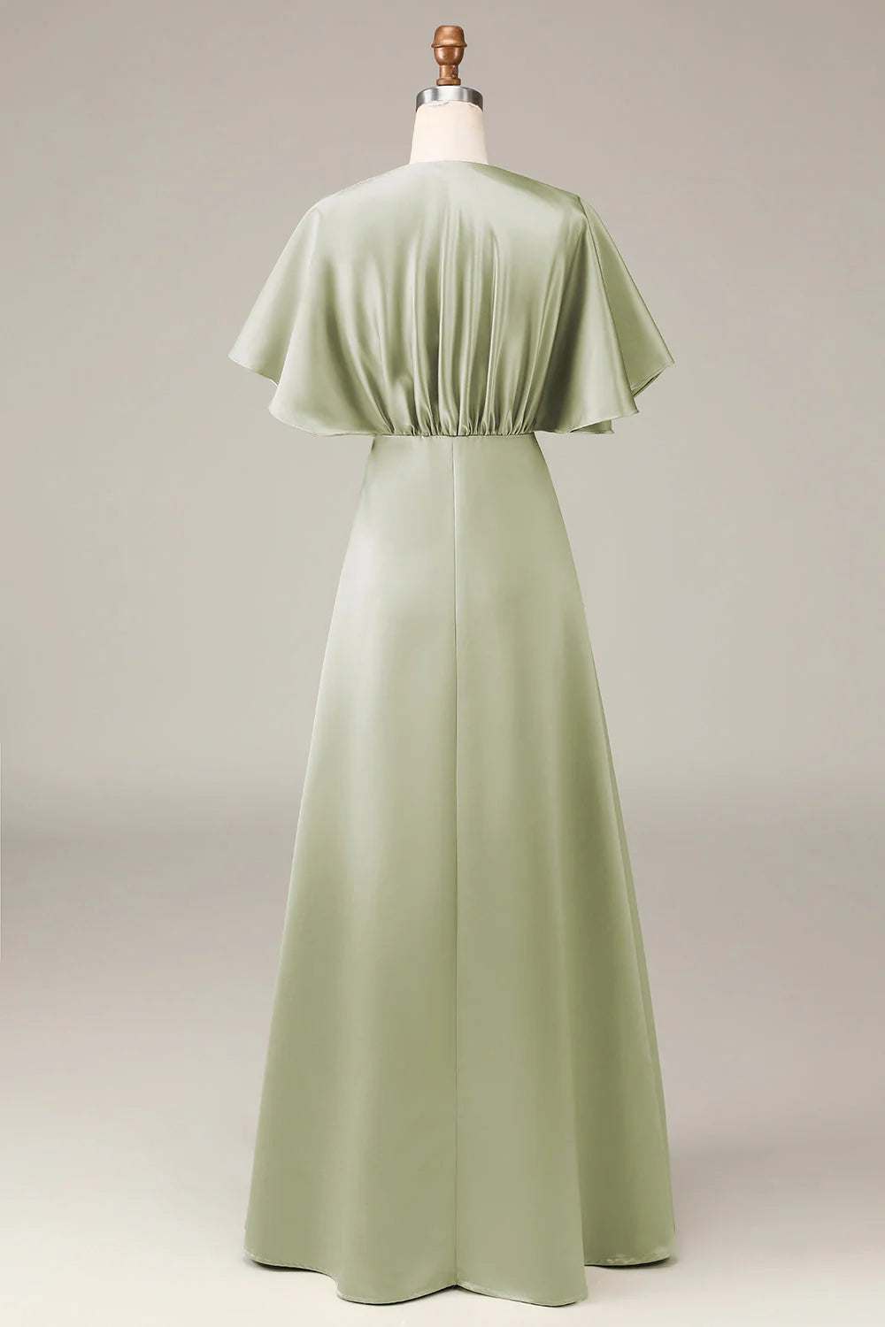 Dusty Sage A Line V Neck Satin Bridesmaid Dress With Short Sleeves